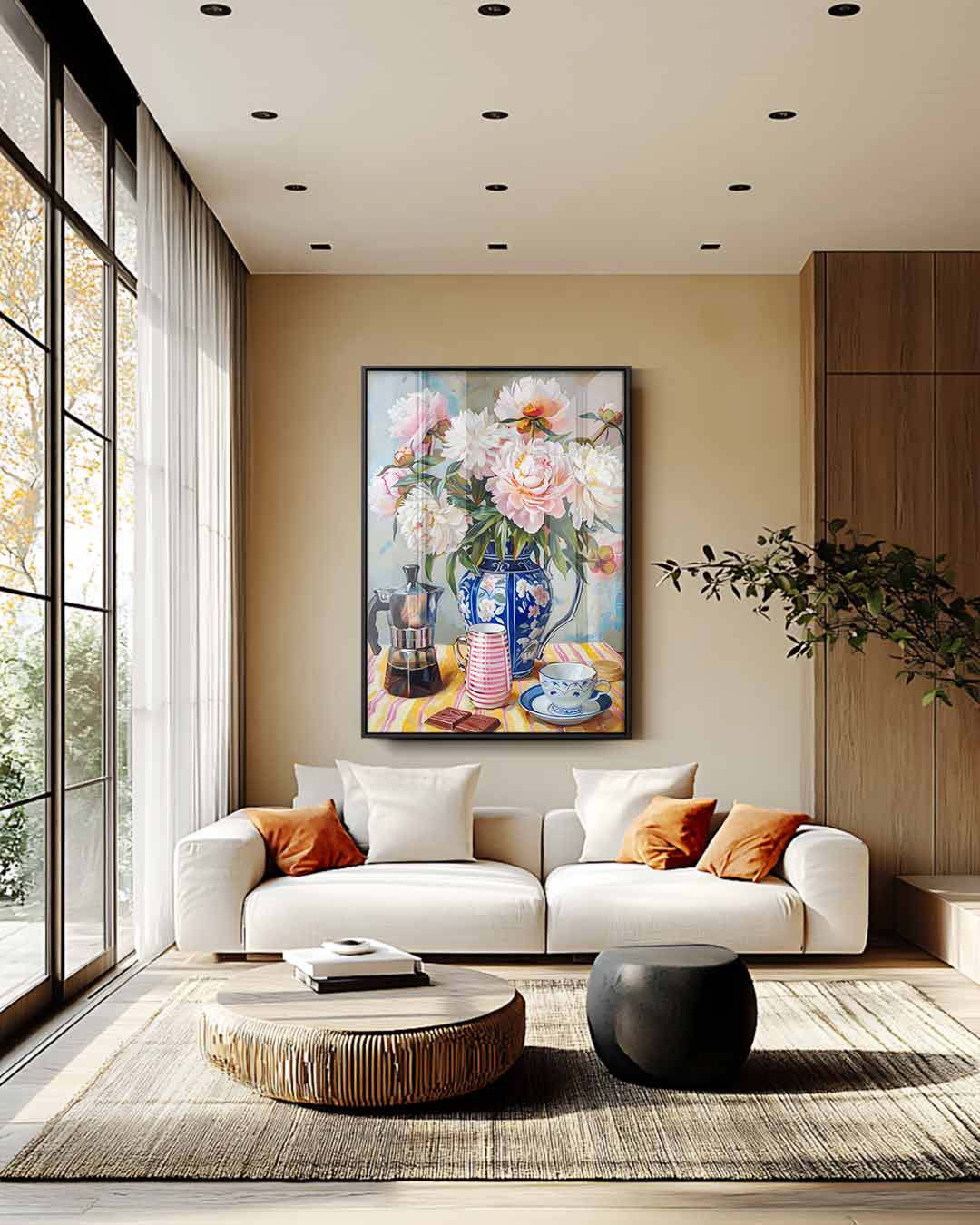 Pioenrozen en Koffie Genot Kunstwerk-canvas-dibond-plexiglas-wanddecoratie-WallArtistic