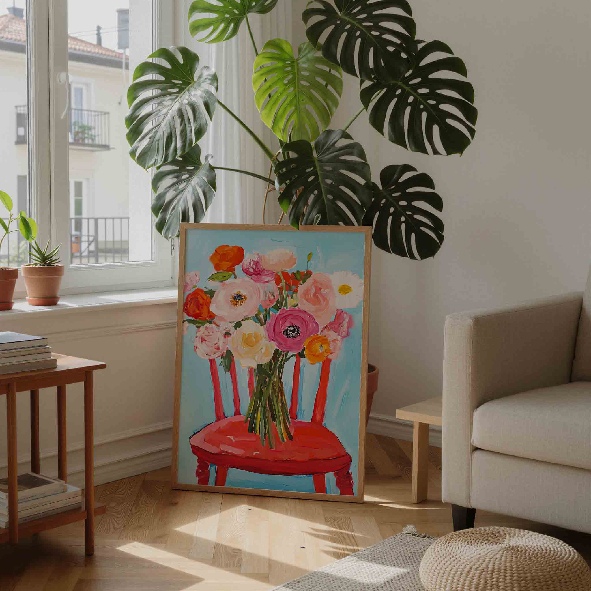 Bloemen op rode stoel Poster