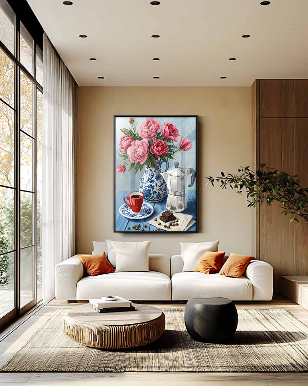 Bloemen en Koffie Stilleven Kunstwerk-canvas-dibond-plexiglas-wanddecoratie-WallArtistic