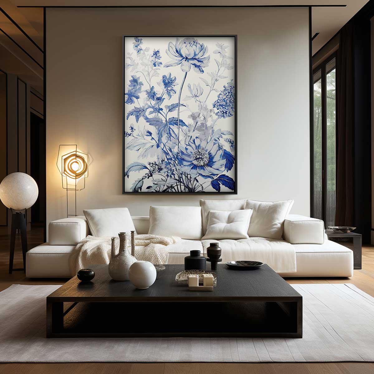 Elegante Bloemen in Blauw Kunstwerk-canvas-dibond-plexiglas-wanddecoratie-WallArtistic
