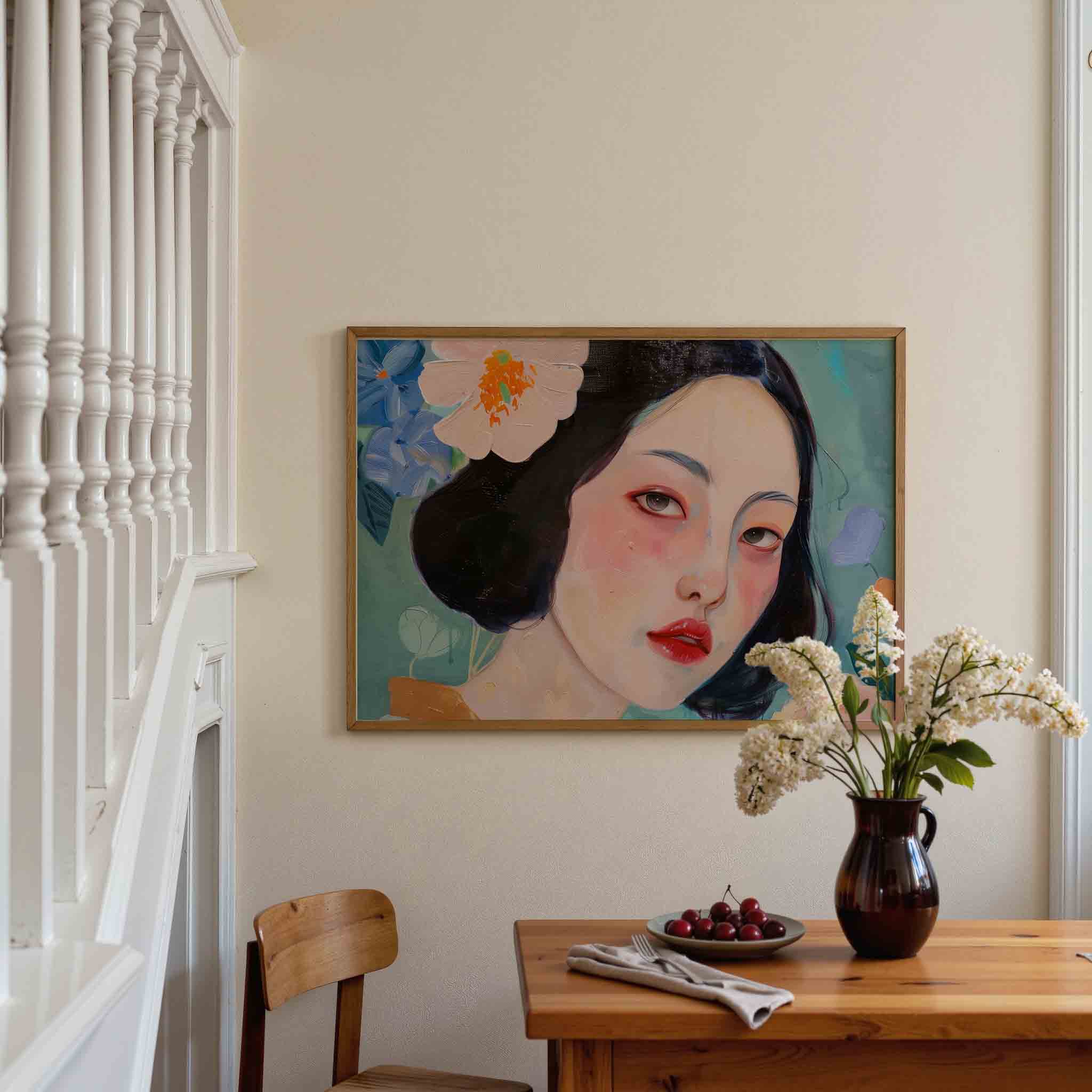 Vrouwelijk portret met bloemen Poster