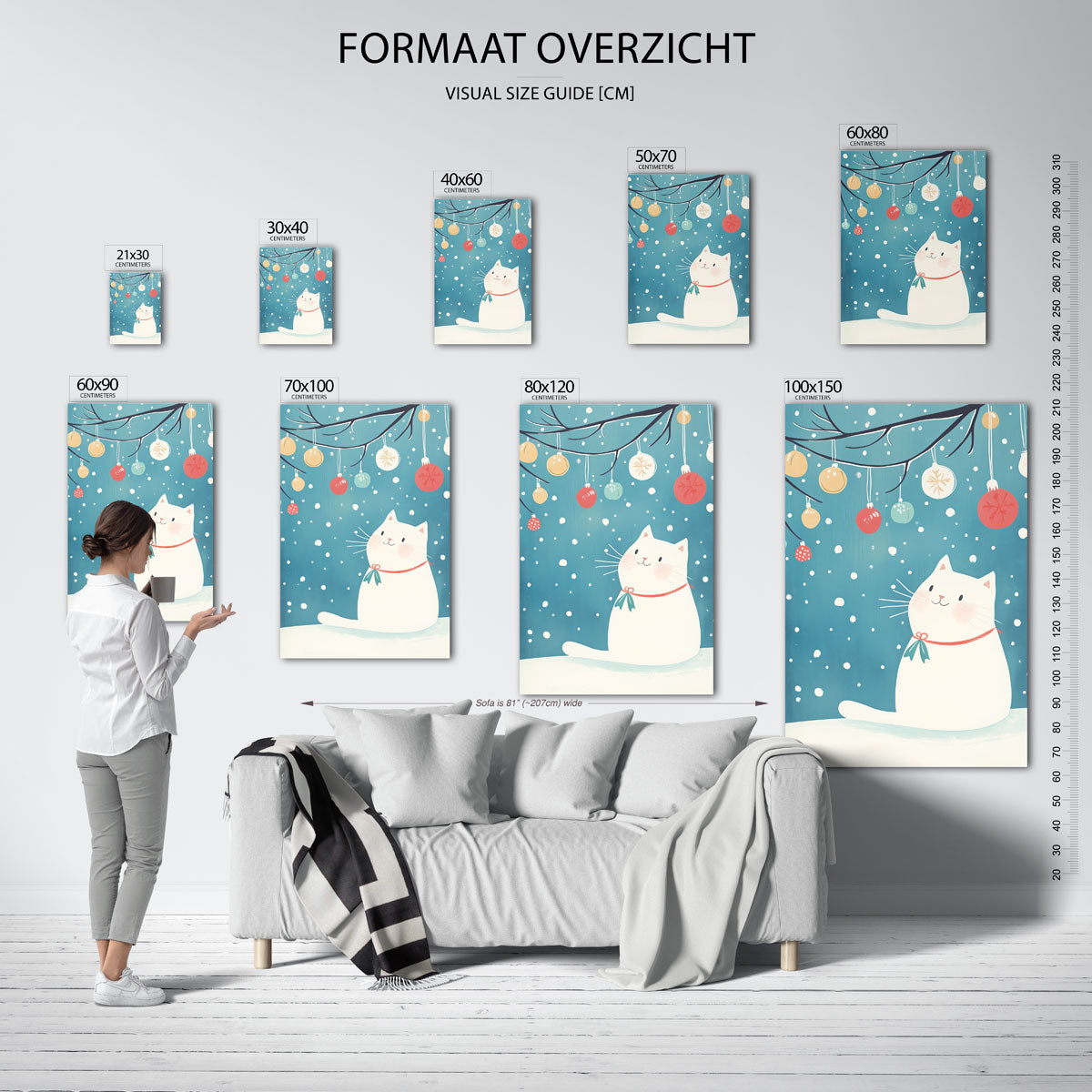 Witte kat met kerstballen Poster