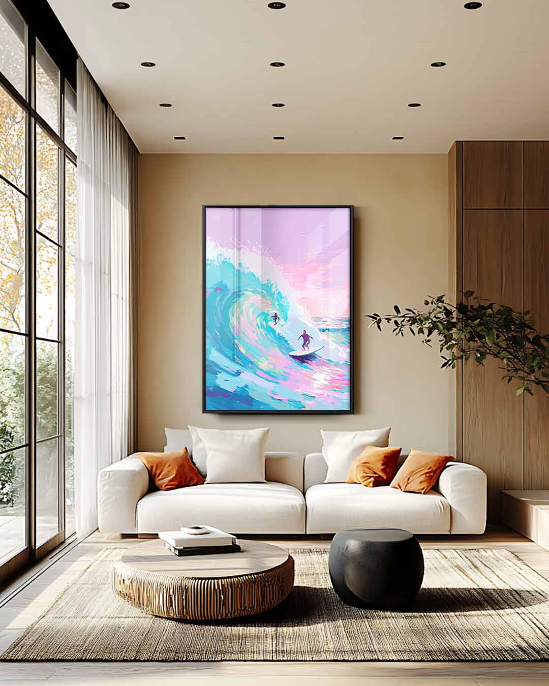 Surfen op Kleurrijke Golven Kunstwerk-canvas-dibond-plexiglas-wanddecoratie-WallArtistic
