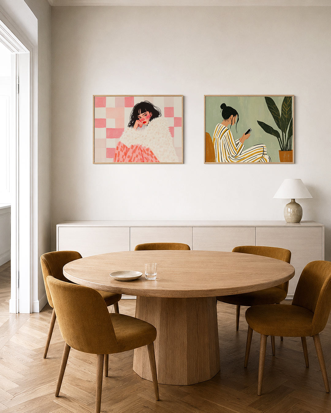 Twee liggende posters met een vrouw met donker haar en rode lippen, aan de muur in een interieur