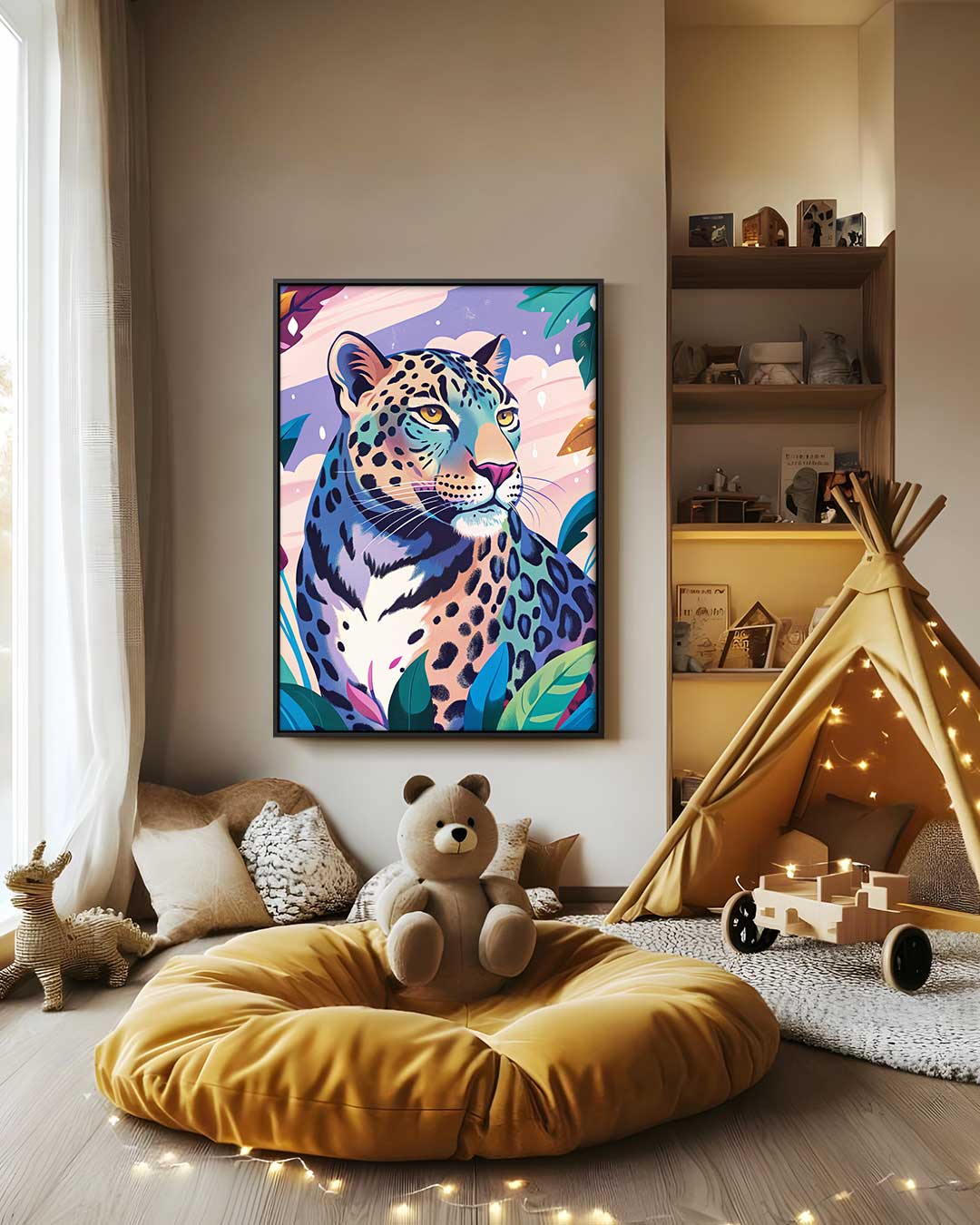 Kleurrijke Luipaard in de Jungle Kunstwerk-canvas-dibond-plexiglas-wanddecoratie-WallArtistic