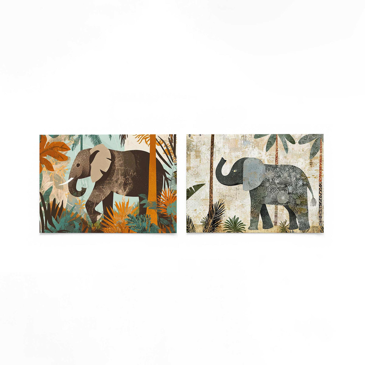 Twee liggende posters met een olifant wandelt door een kleurrijke jungle met levendige op een gebroken witte achtergrond