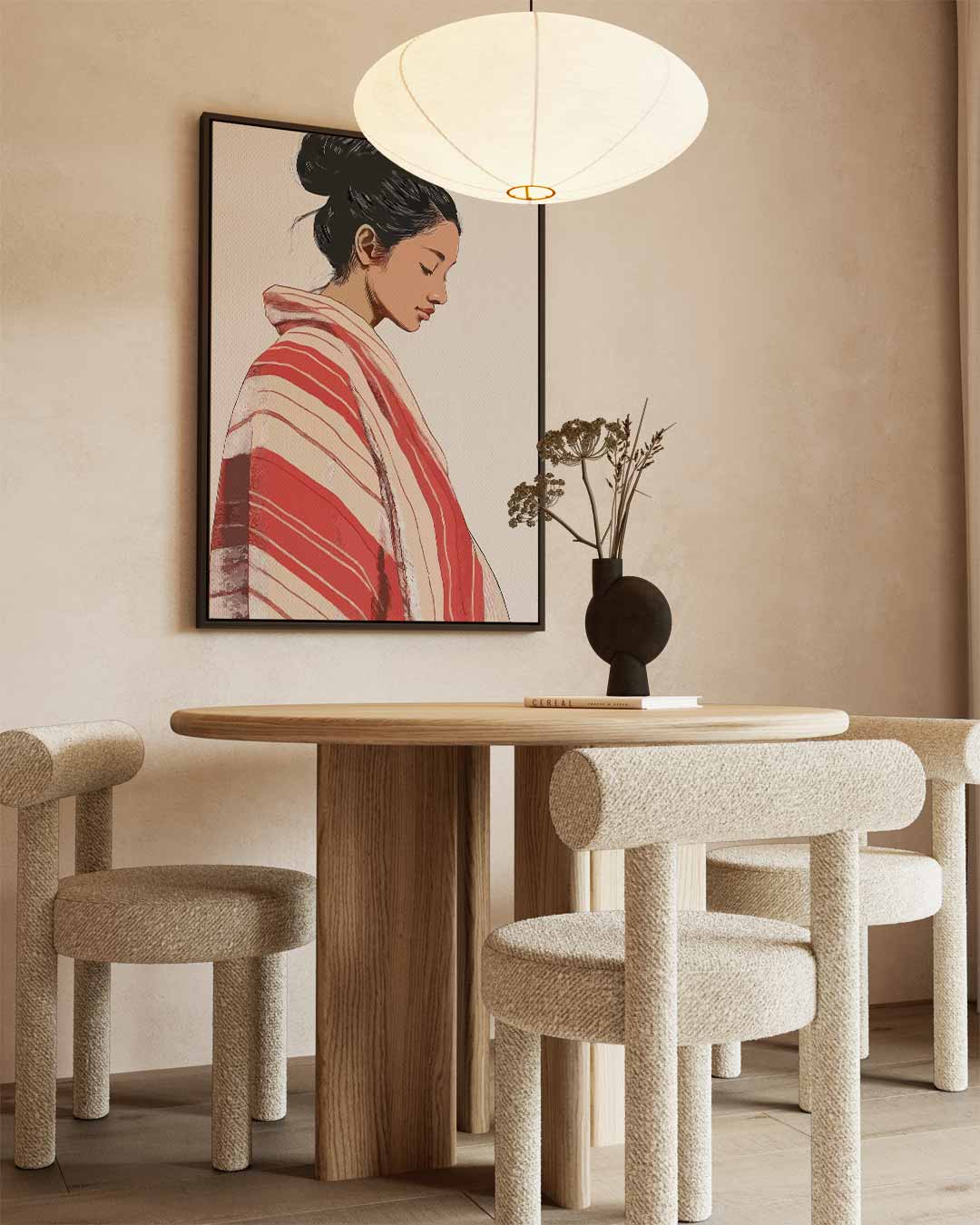 Vrouw in Rood-Wit Geblokte Kimono Kunstwerk-canvas-dibond-plexiglas-wanddecoratie-WallArtistic