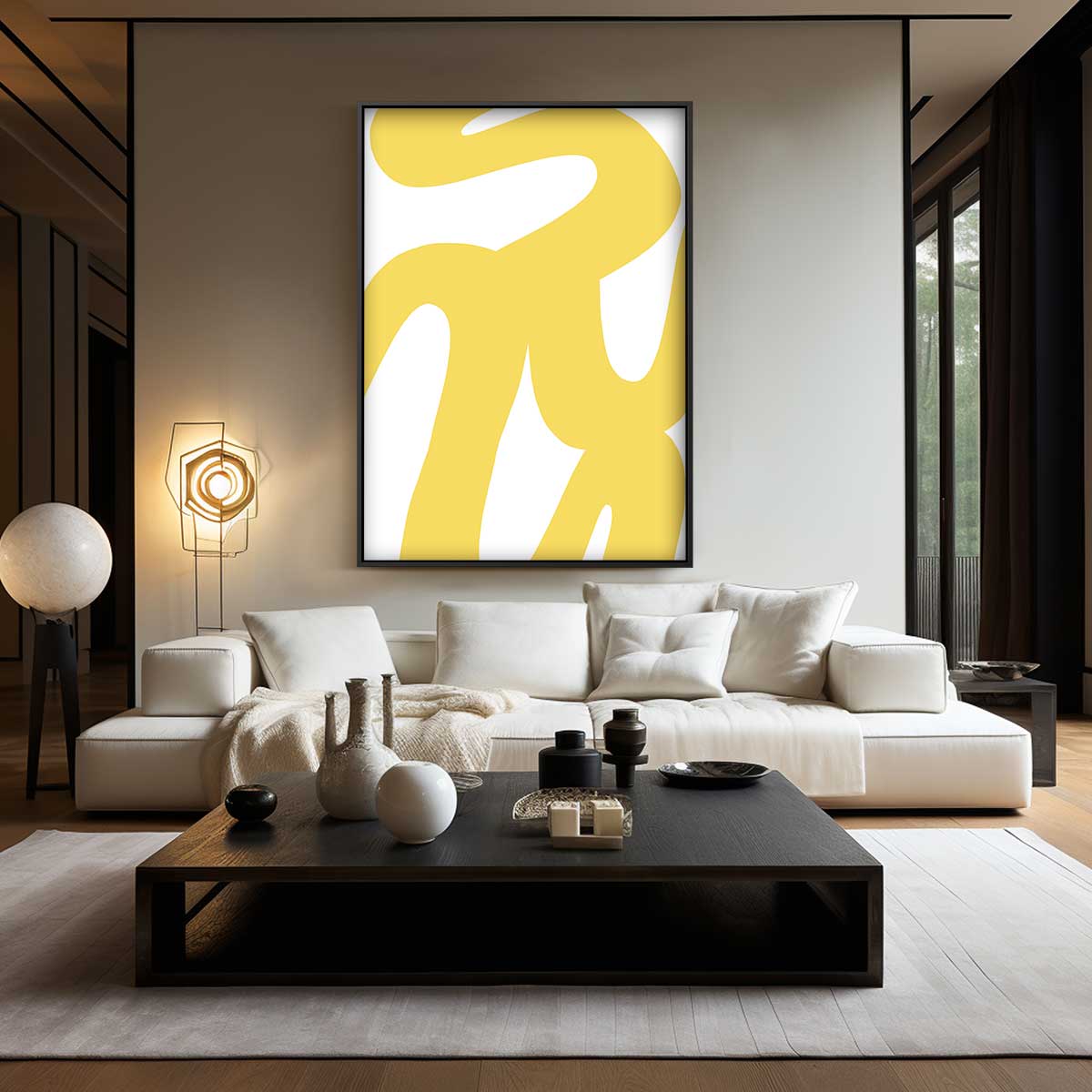 Vrolijke Gele Krulstreken Kunstwerk-canvas-dibond-plexiglas-wanddecoratie-WallArtistic