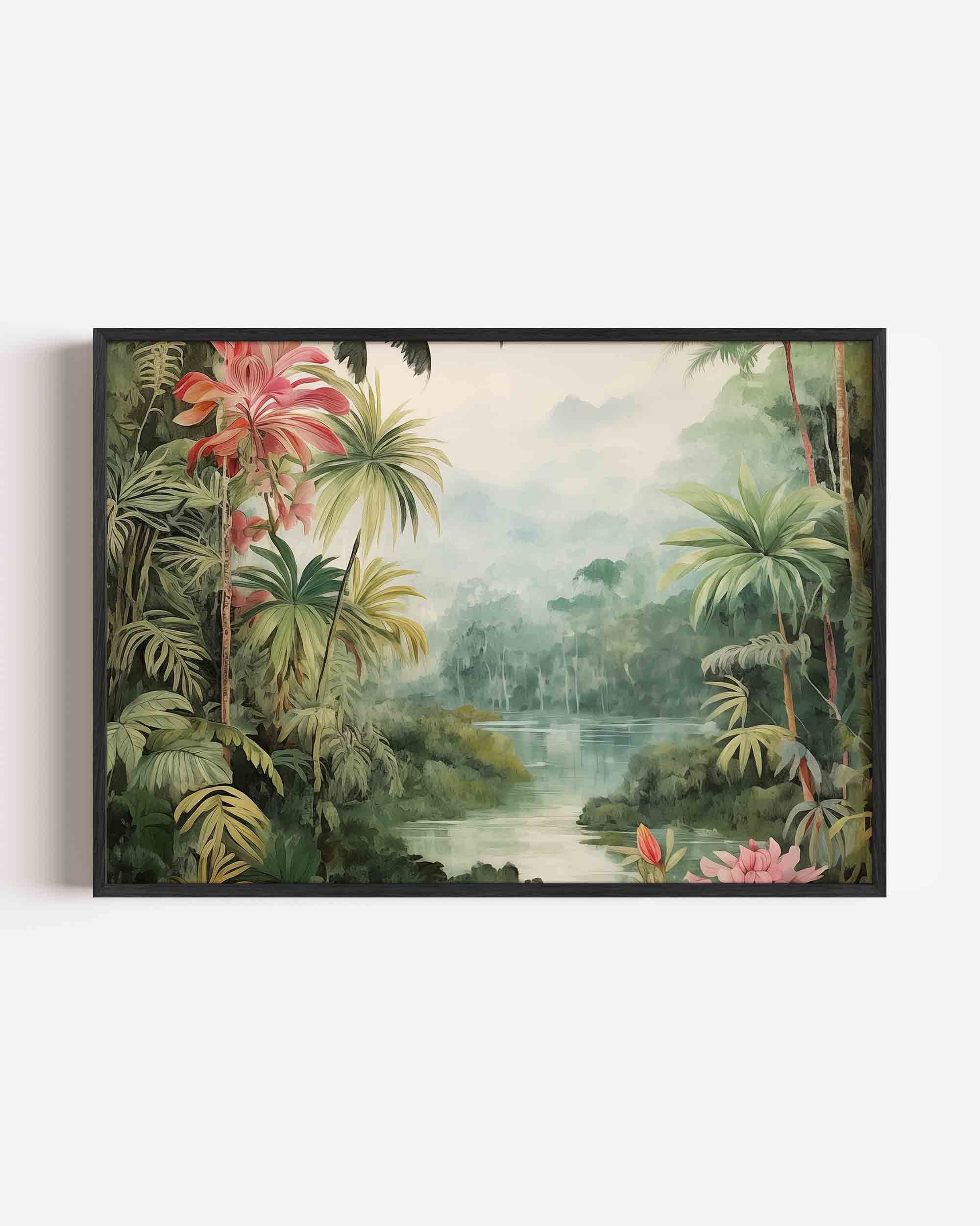 Tropische planten en mistige rivier Poster
