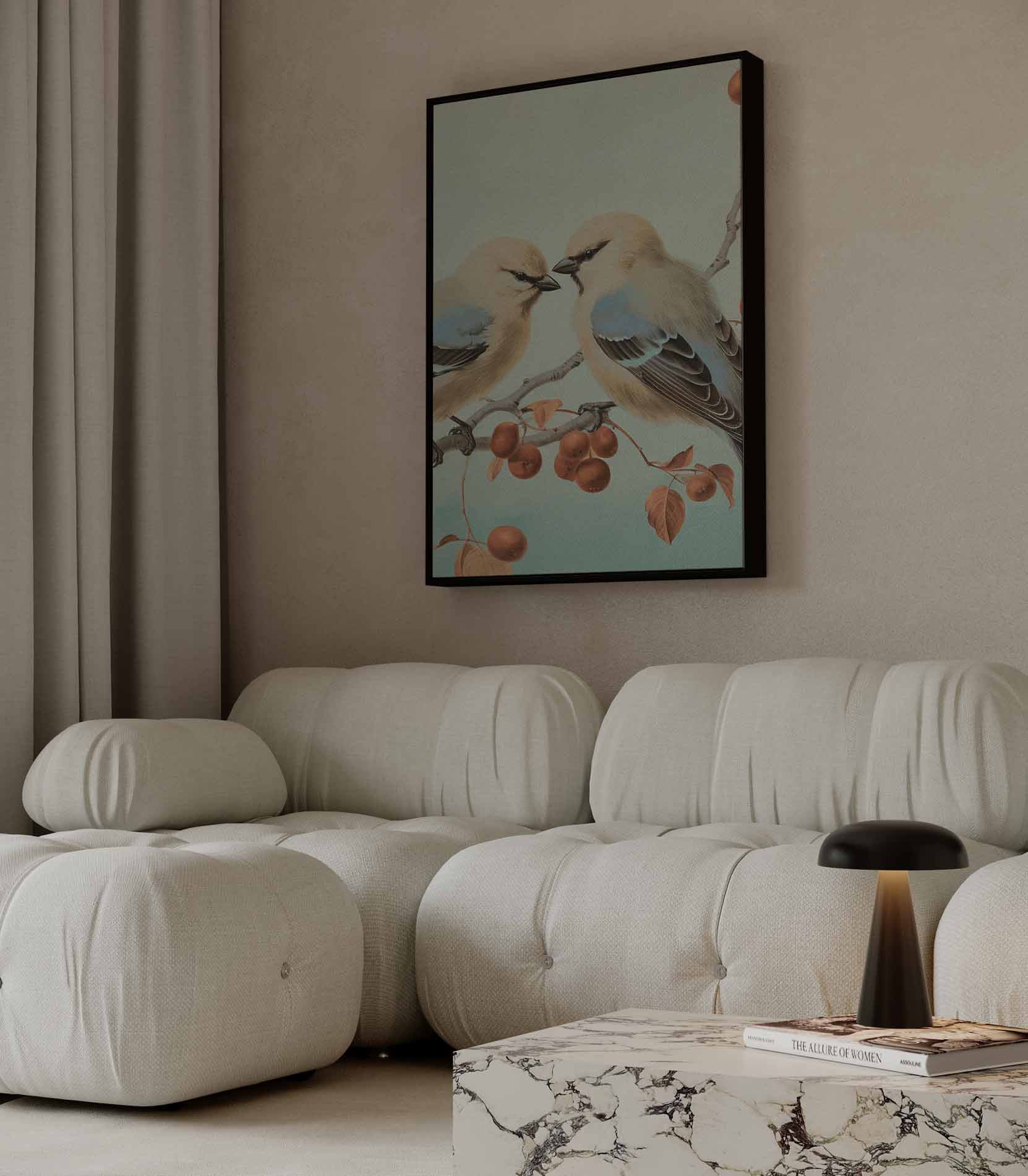 Twee Vogels op een Tak Kunstwerk-canvas-dibond-plexiglas-wanddecoratie-WallArtistic