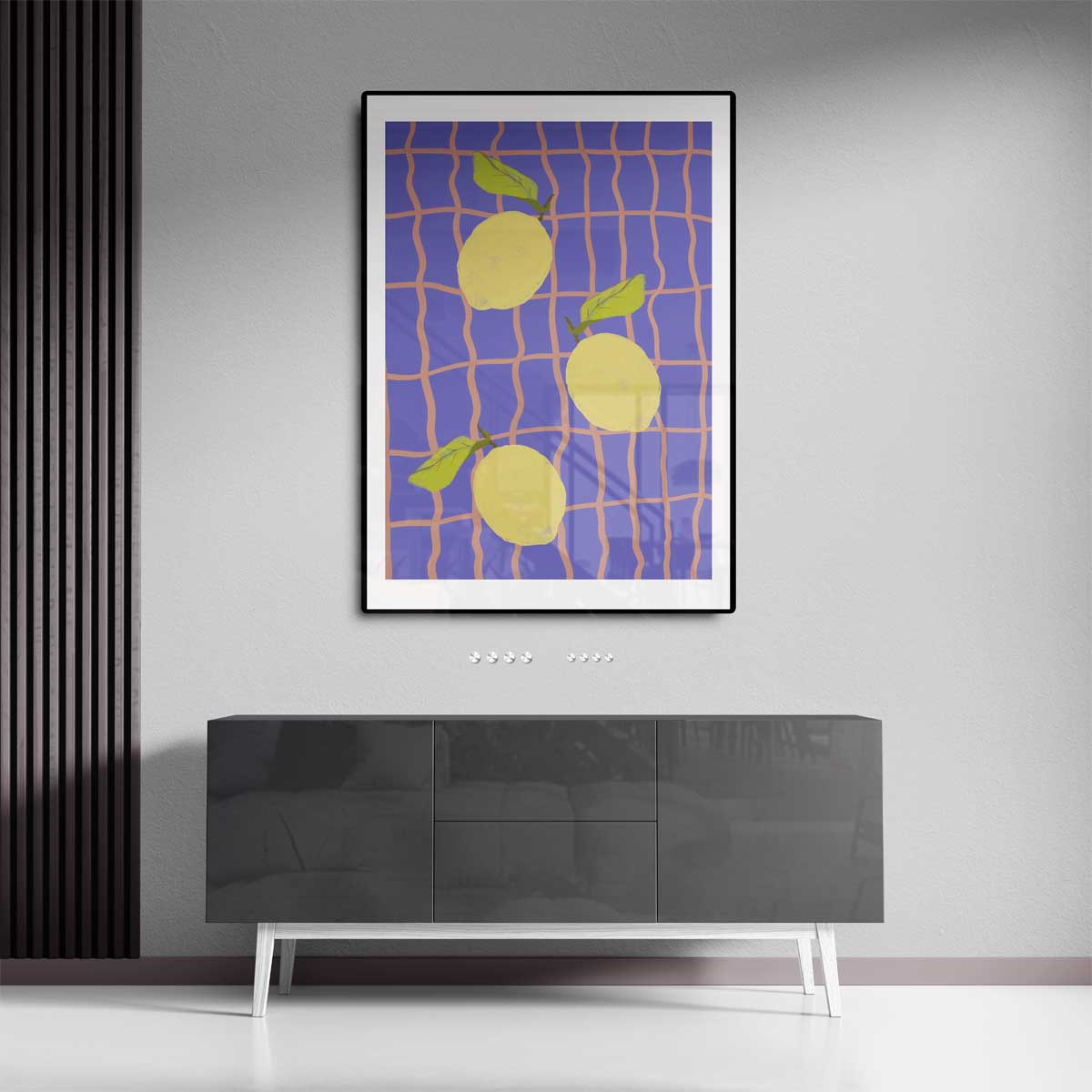 Citroenen op Blauw Ruitpatroon Kunstwerk-canvas-dibond-plexiglas-wanddecoratie-WallArtistic