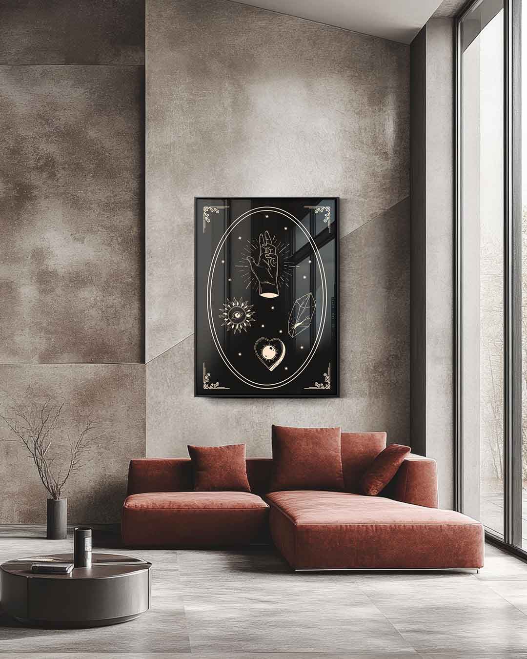 Mystieke Hand en Symbolen Illustratie Kunstwerk-canvas-dibond-plexiglas-wanddecoratie-WallArtistic