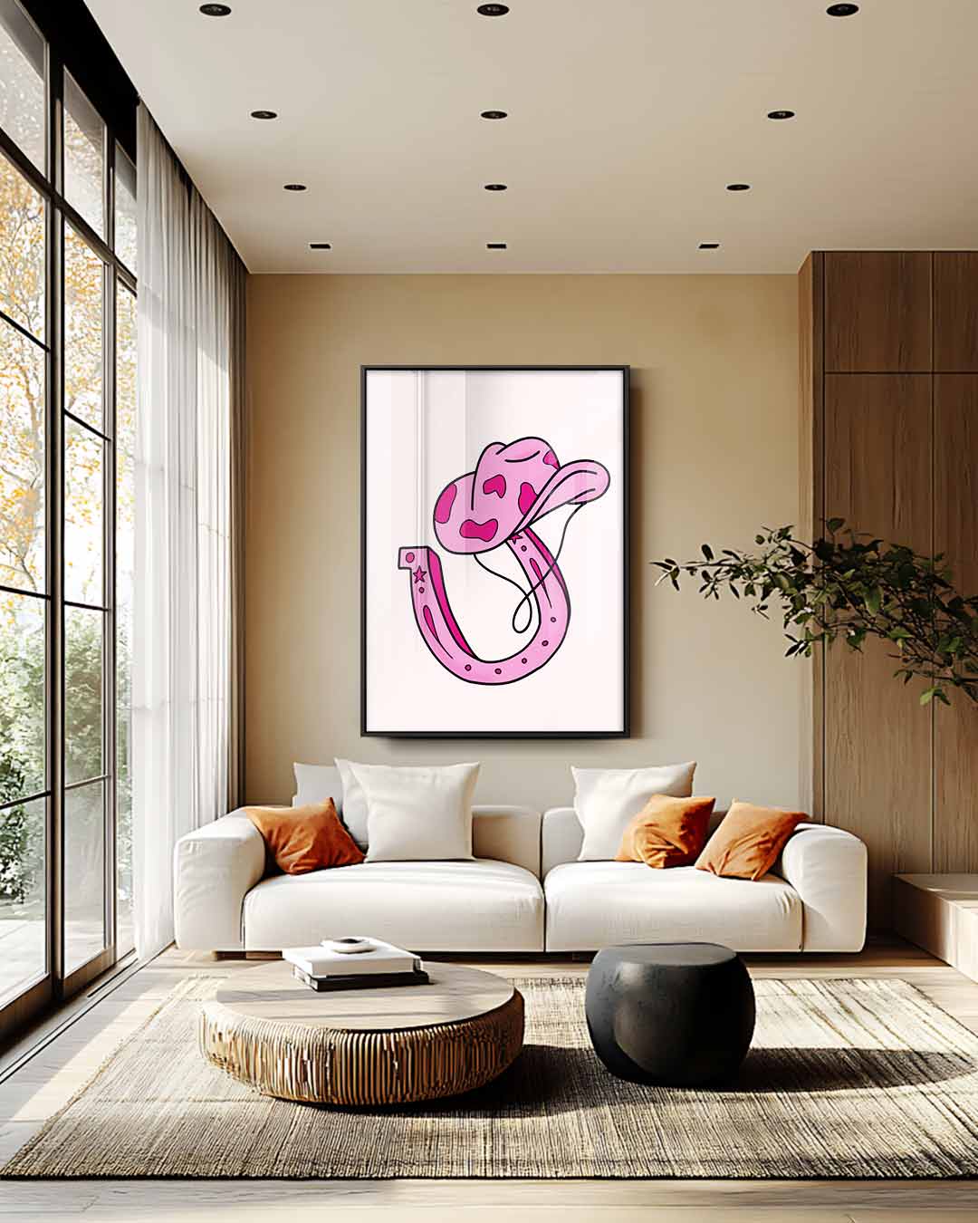 Roze Cowboyhoed en Hoefijzer Illustratie Kunstwerk-canvas-dibond-plexiglas-wanddecoratie-WallArtistic