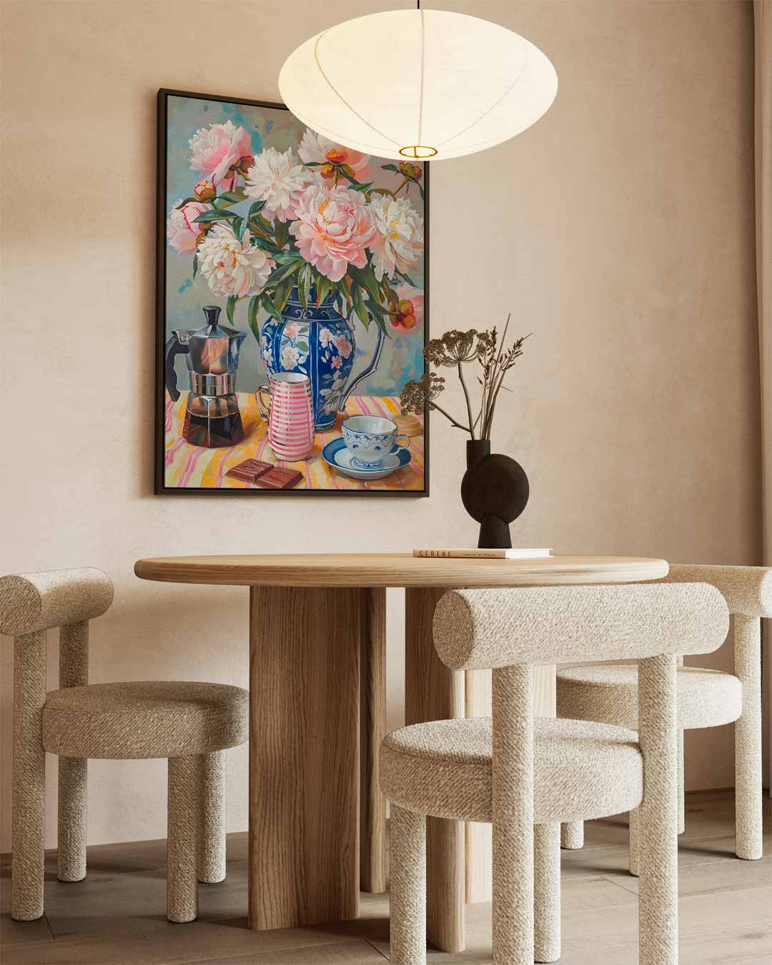 Pioenrozen en Koffie Genot Kunstwerk-canvas-dibond-plexiglas-wanddecoratie-WallArtistic