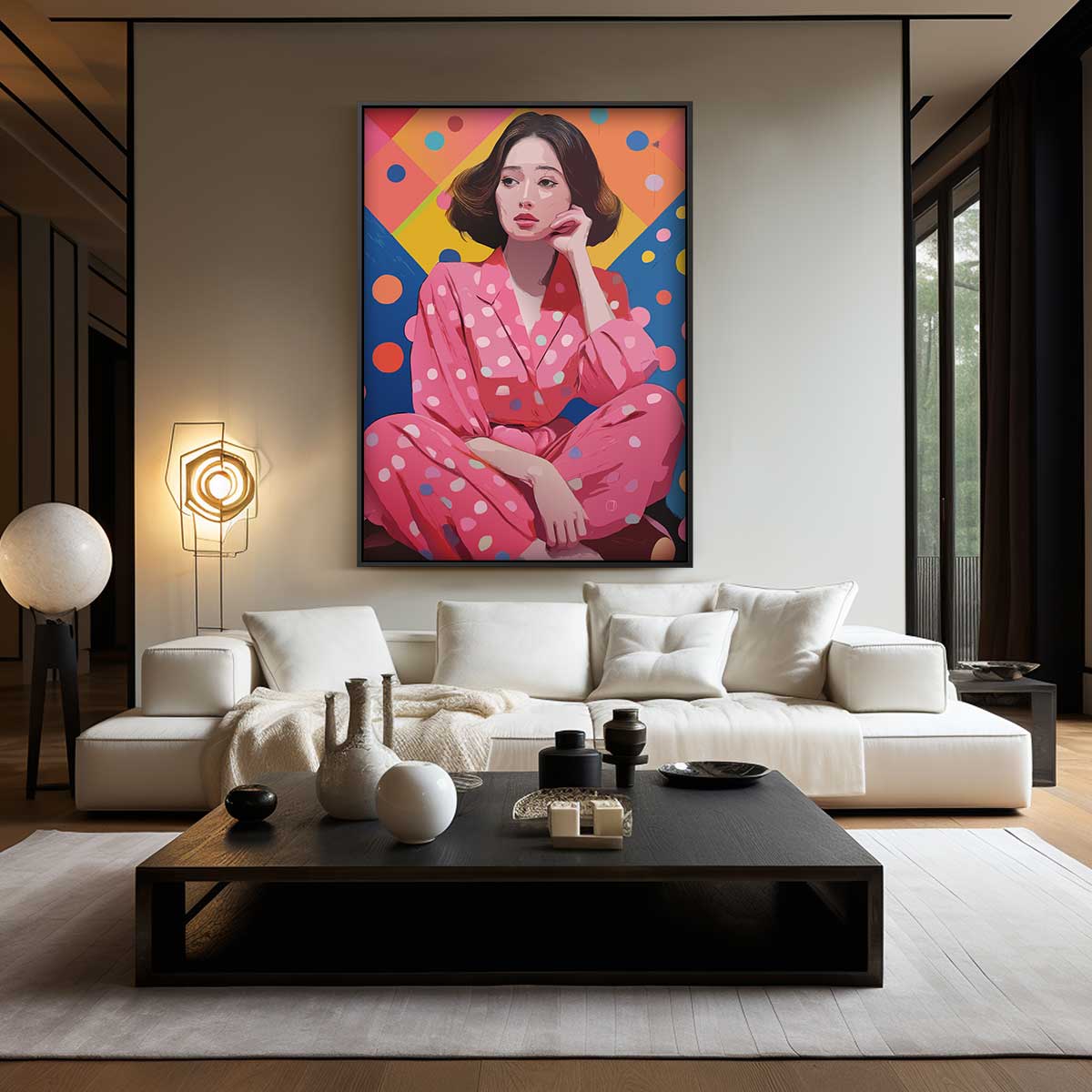 Kleurrijk Portret met Polka Dots Kunstwerk-canvas-dibond-plexiglas-wanddecoratie-WallArtistic