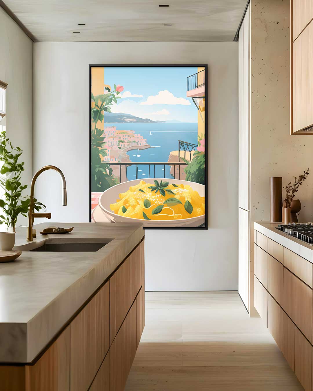 Mediterraans Terras met Pastagerecht Kunstwerk-canvas-dibond-plexiglas-wanddecoratie-WallArtistic