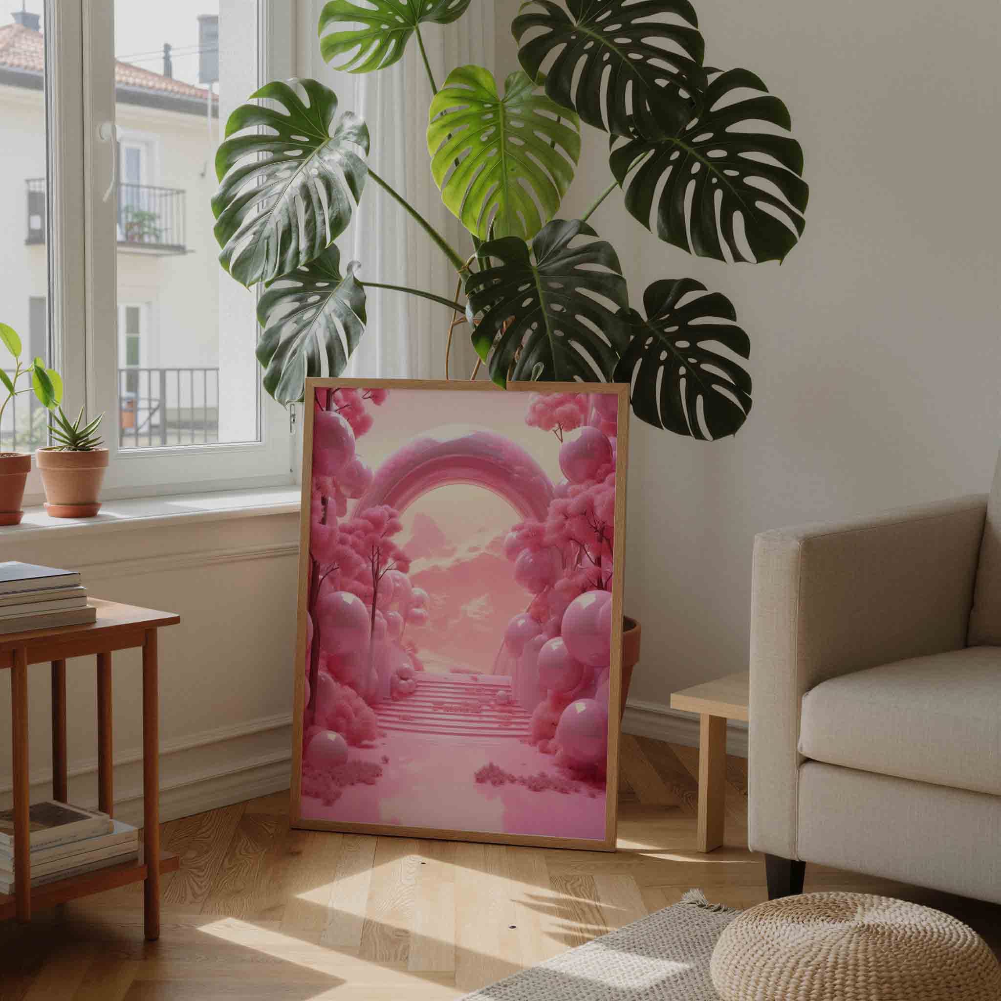 Roze landschap met bogen Poster