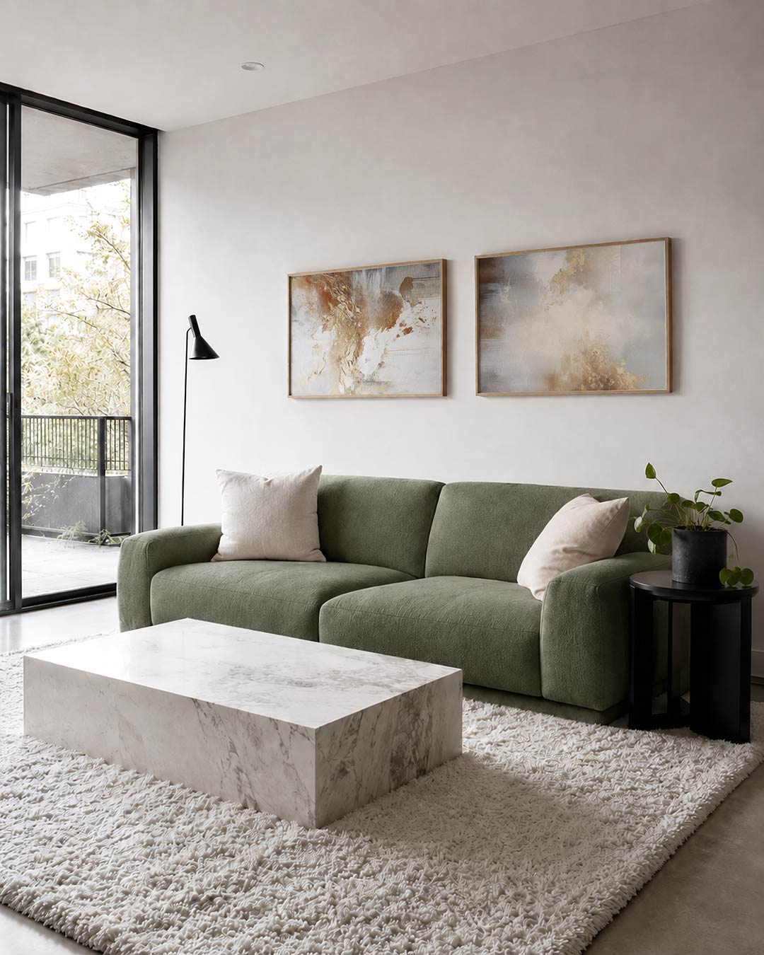 Tweedelige posterset met goud en wit, met vloeiende bewegingen en fijne texturen, getoond in een interieur