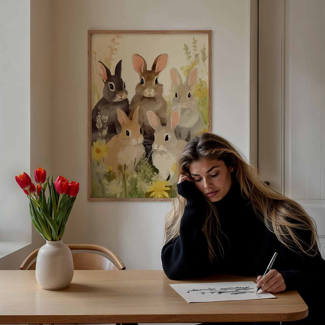 Schattige Konijnen in Bloemenveld Poster