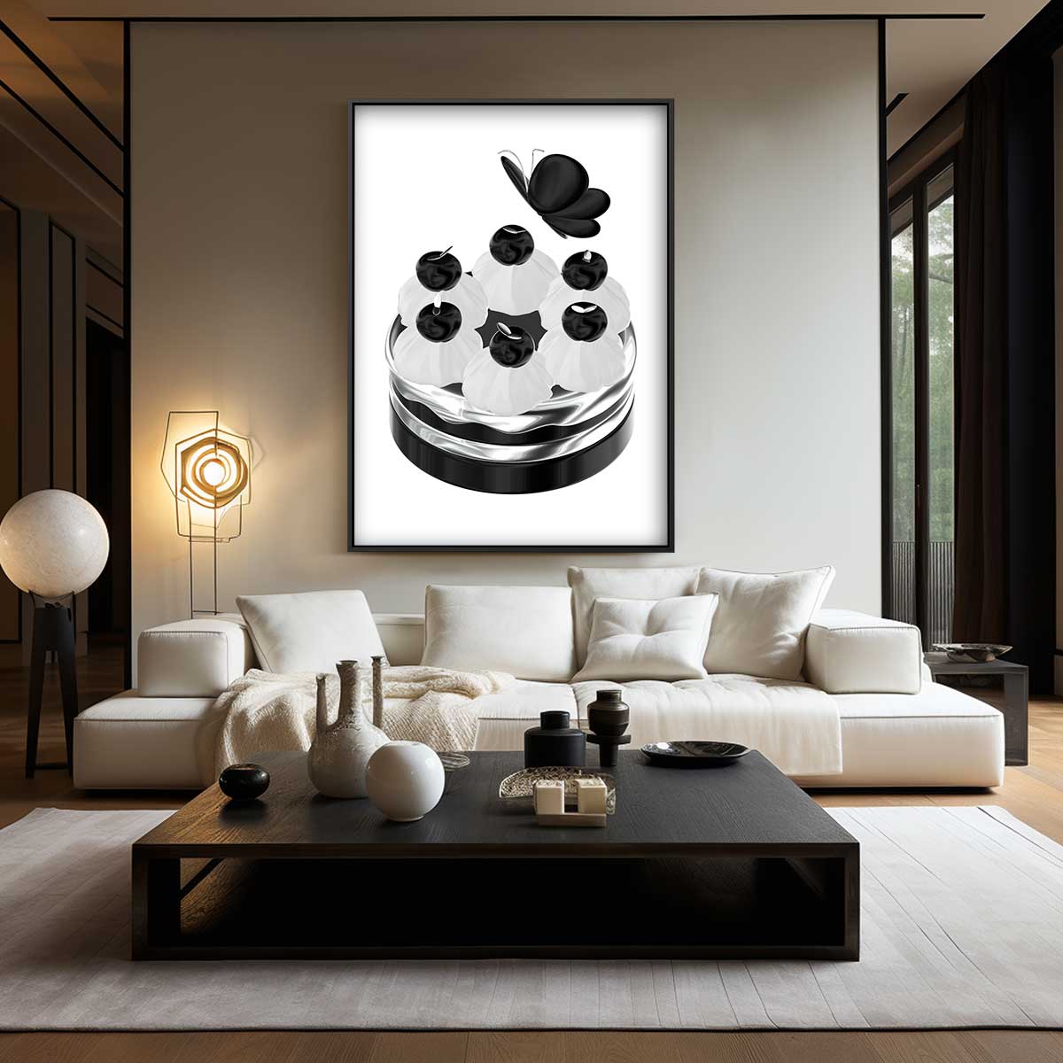 Zwart-witte vlinder op verfijnde taart Kunstwerk-canvas-dibond-plexiglas-wanddecoratie-WallArtistic