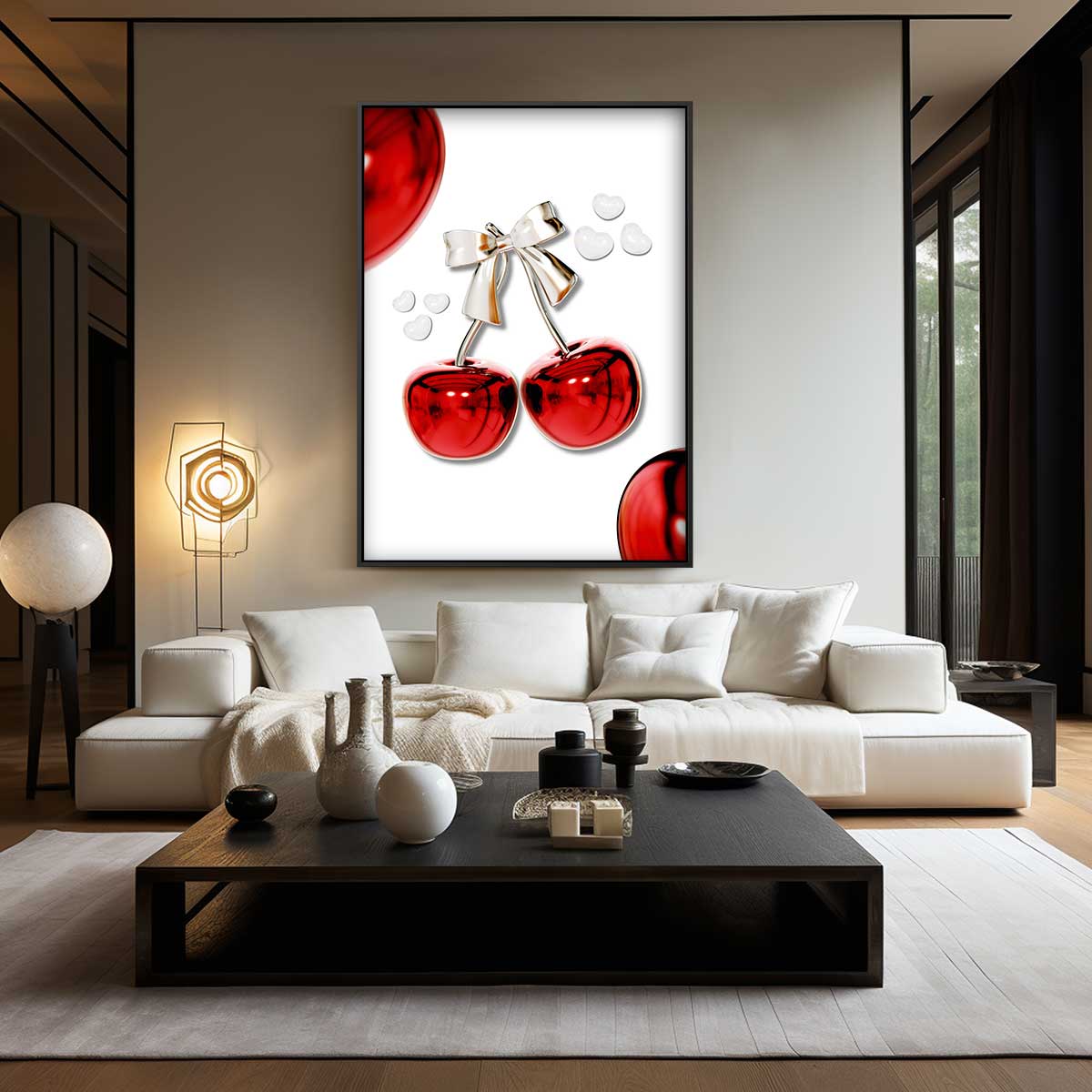 Glanzende Kersen met Strik Kunstwerk-canvas-dibond-plexiglas-wanddecoratie-WallArtistic