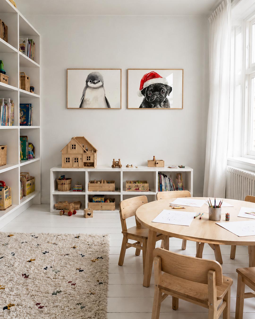 Interieurpresentatie van twee posters met een schattige pinguïn met zachte grijze en witte tinten