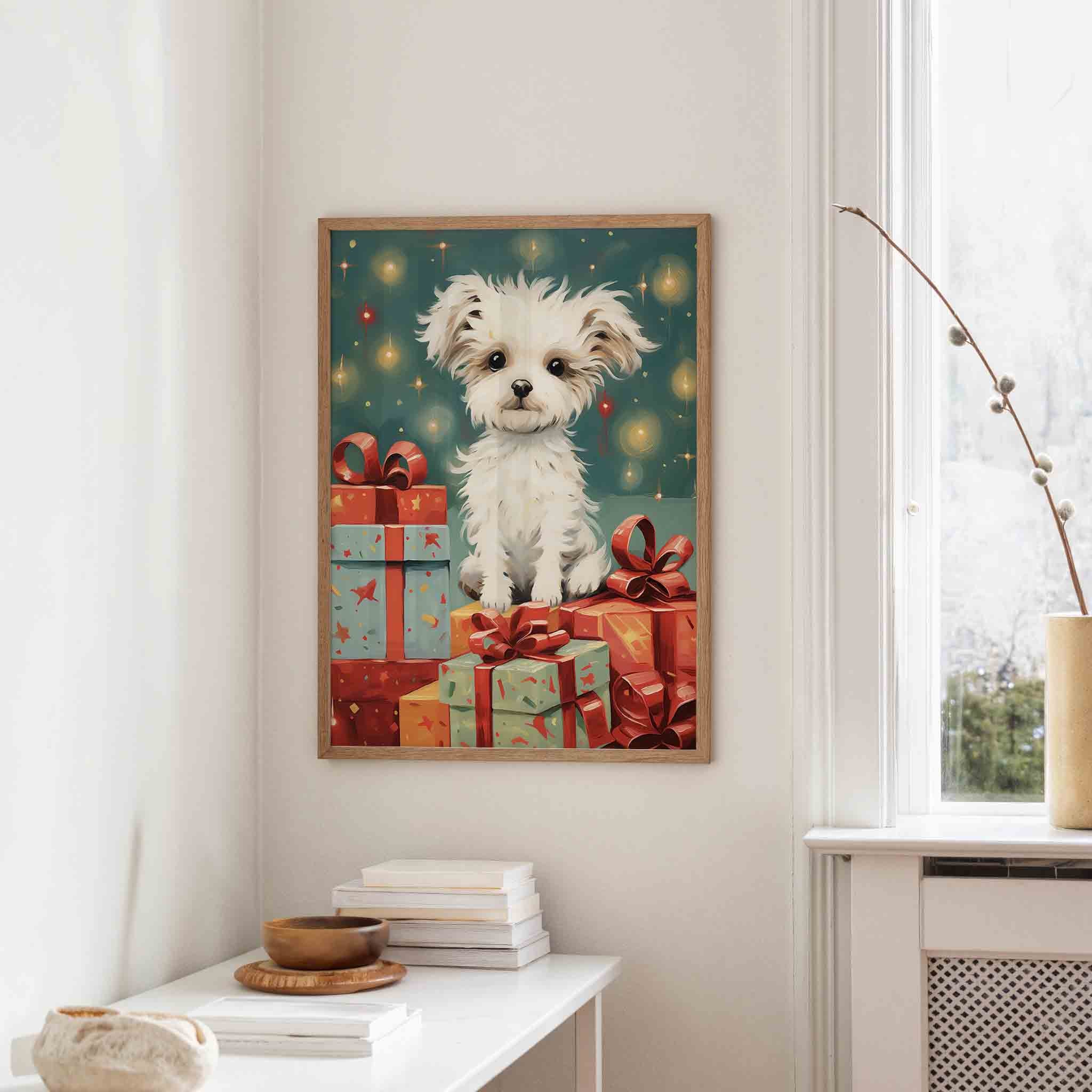 Hondje met cadeaus Poster