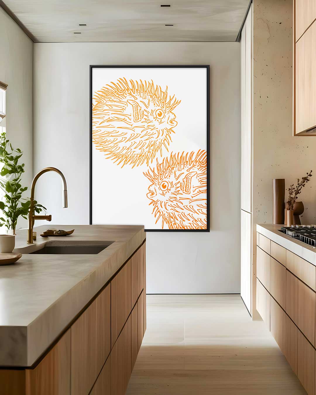 Opvallende Oranje Kogelvis Illustratie Kunstwerk-canvas-dibond-plexiglas-wanddecoratie-WallArtistic