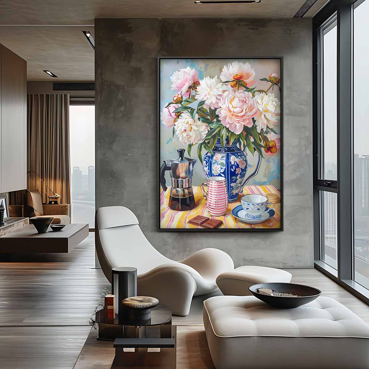 Pioenrozen en Koffie Genot Kunstwerk-canvas-dibond-plexiglas-wanddecoratie-WallArtistic