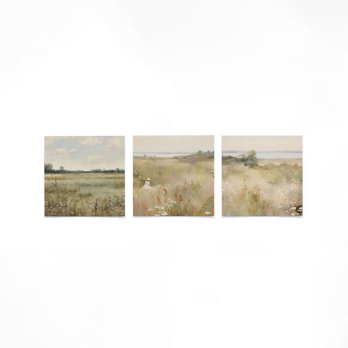 Drie vierkante posters met bloemenweide landschap op een gebroken witte achtergrond