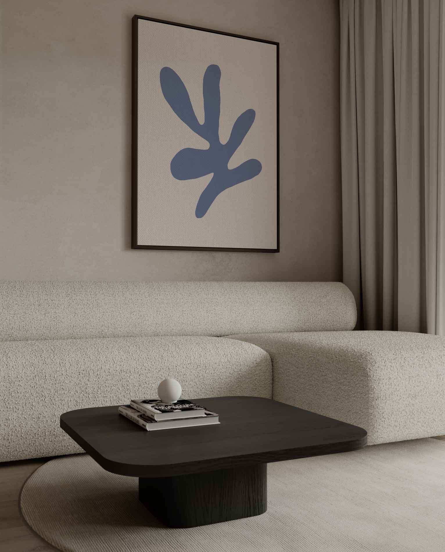 Abstracte Blauwe Vorm op Beige Kunstwerk-canvas-dibond-plexiglas-wanddecoratie-WallArtistic