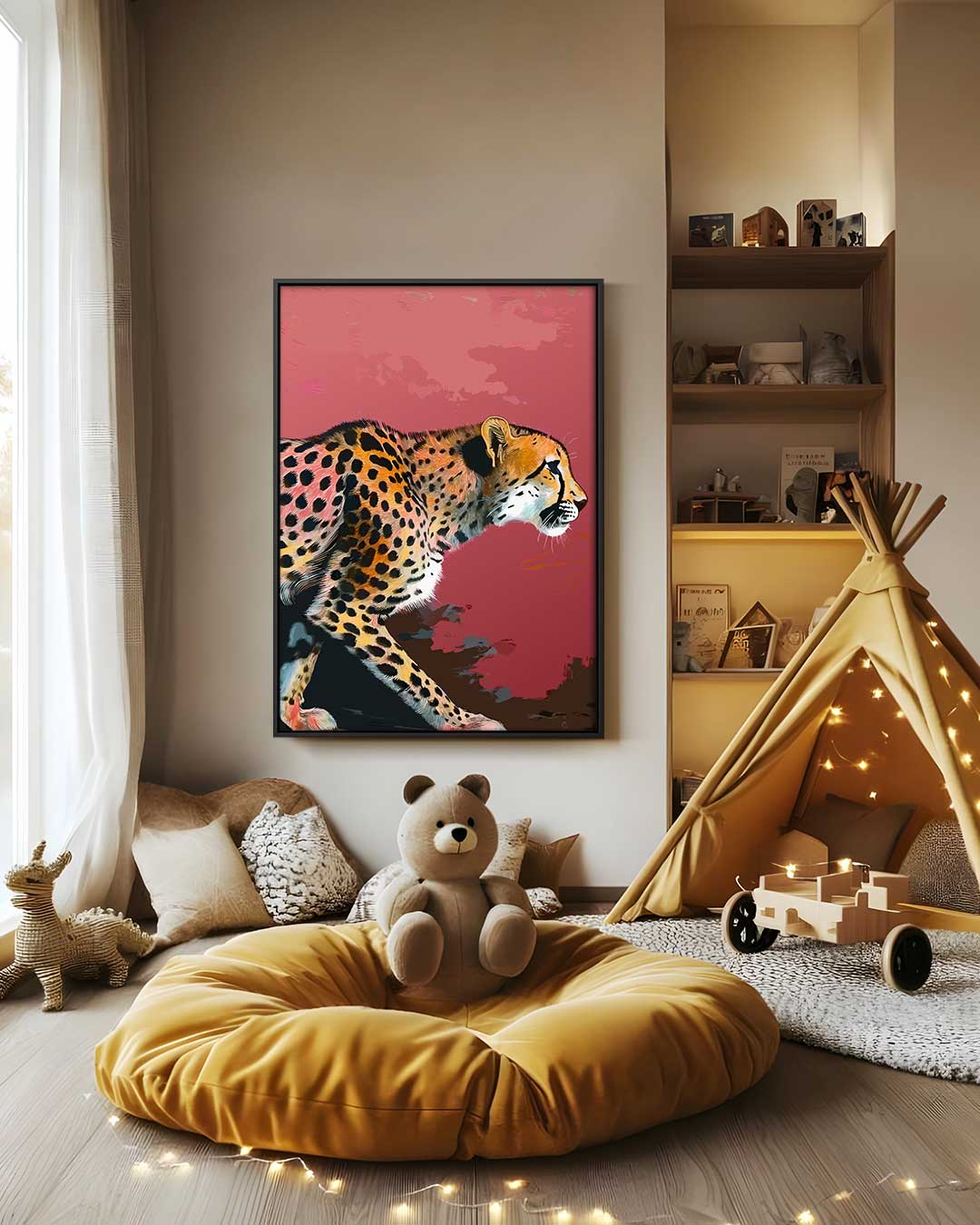 Sierlijke Jachtluipaard in Beweging Kunstwerk-canvas-dibond-plexiglas-wanddecoratie-WallArtistic