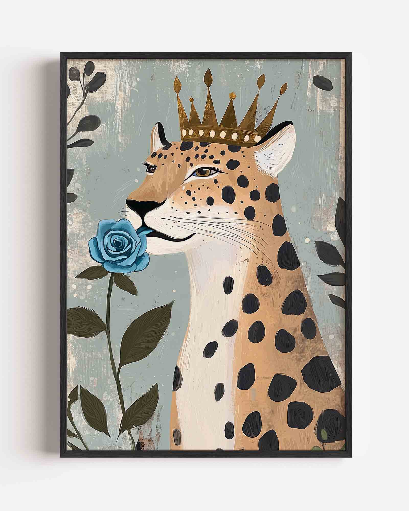 Luipaard met kroon en blauwe roos Poster