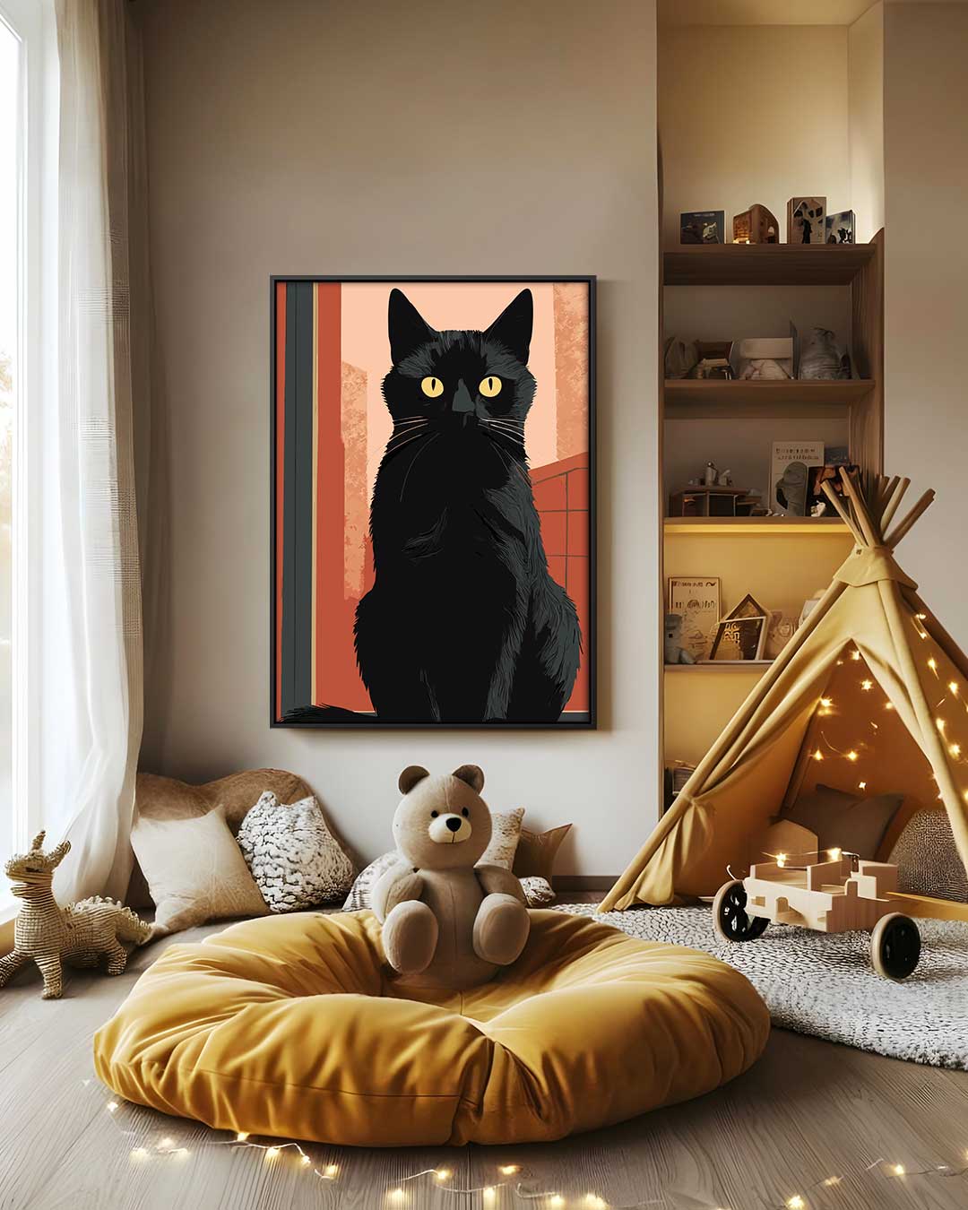 Zwarte Kat op Avondsafari Kunstwerk-canvas-dibond-plexiglas-wanddecoratie-WallArtistic