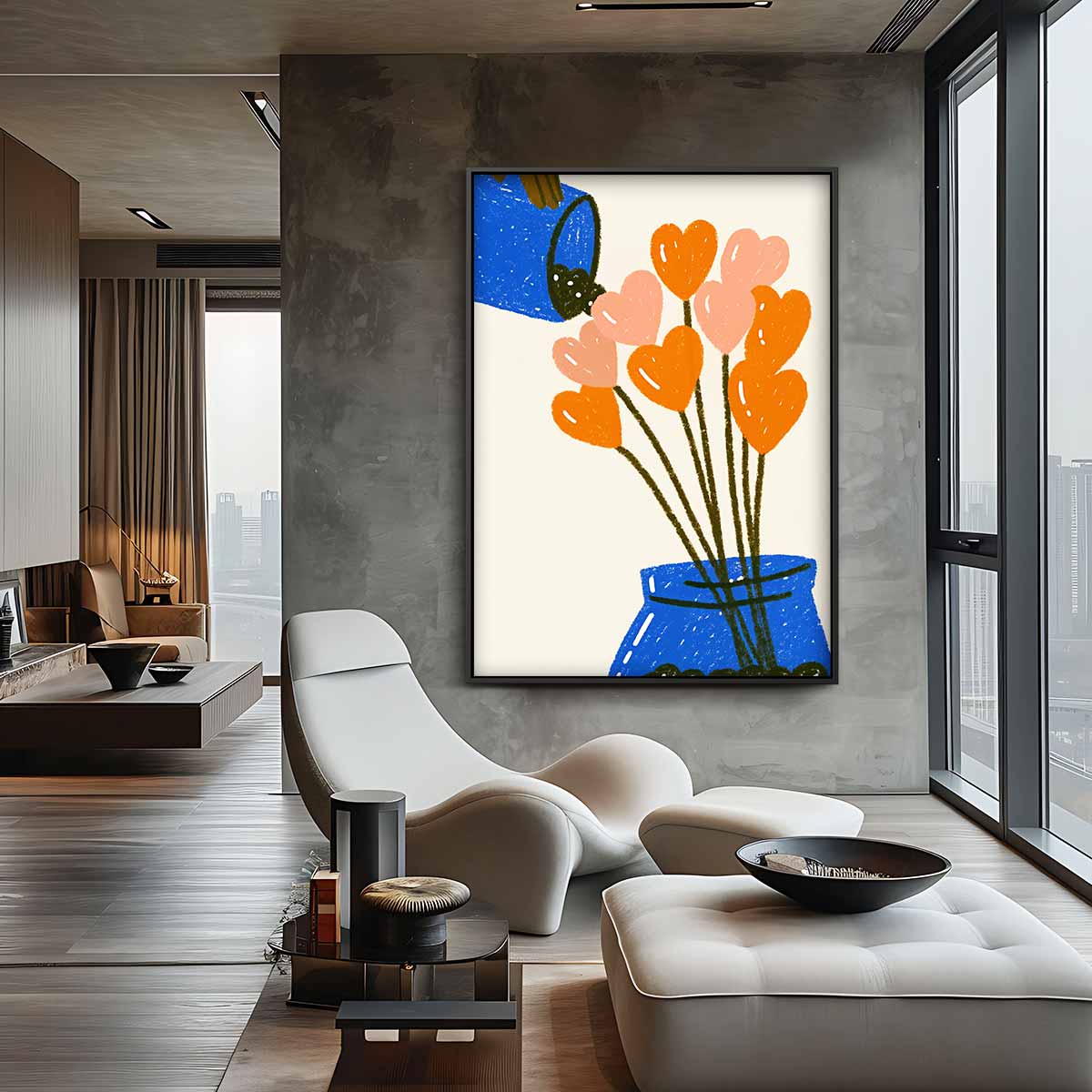 Bloemenhartjes in Blauwe Vaas Kunstwerk-canvas-dibond-plexiglas-wanddecoratie-WallArtistic