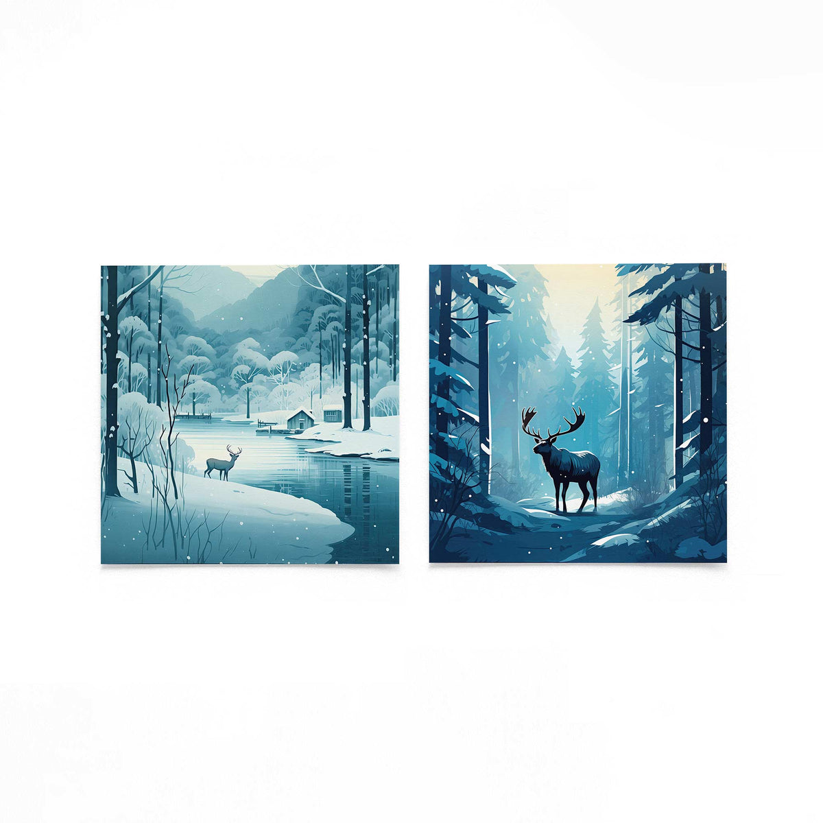 Twee vierkante posters met winterbos met herten op een gebroken witte achtergrond