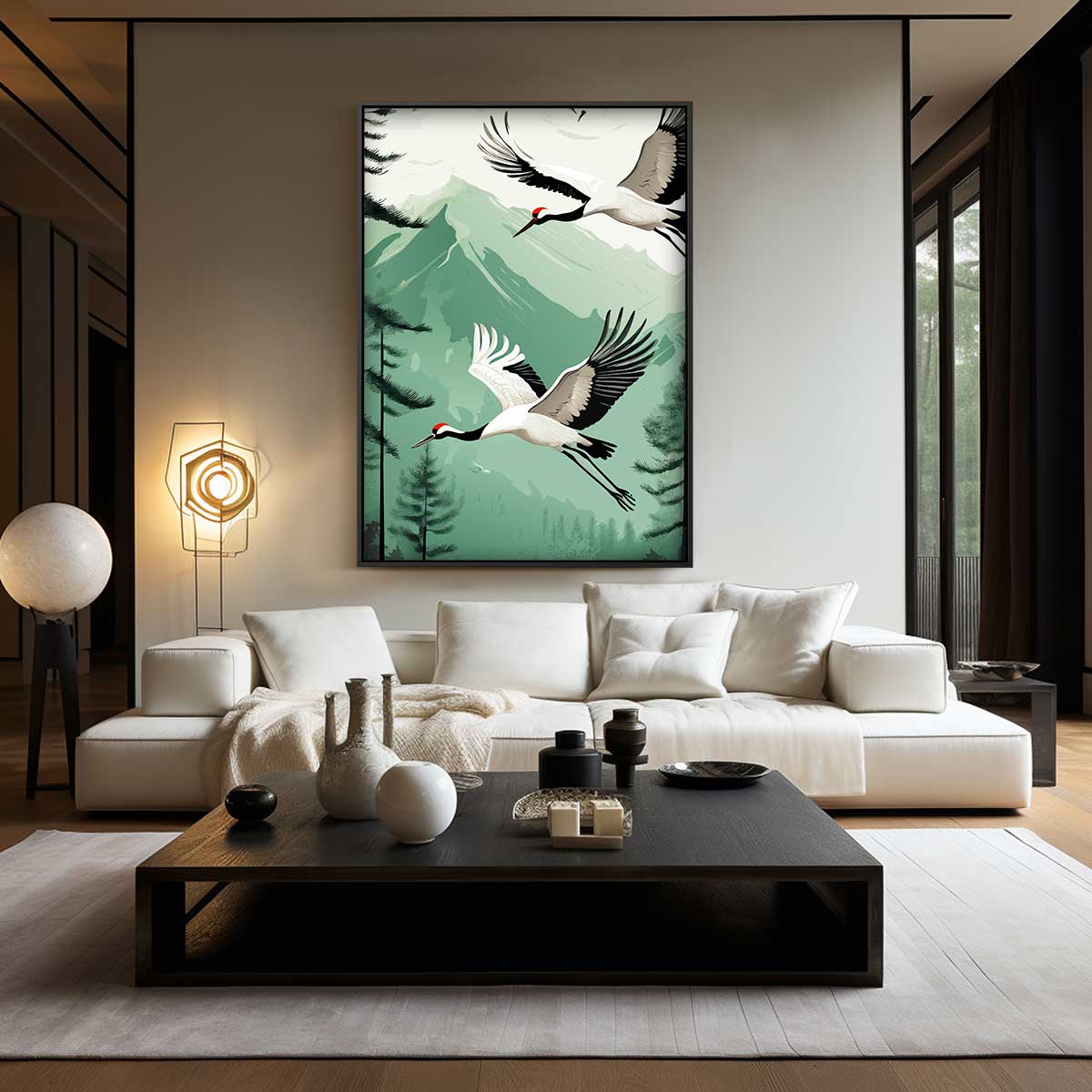 Flying Cranes in Mountain Landscape Artwork
