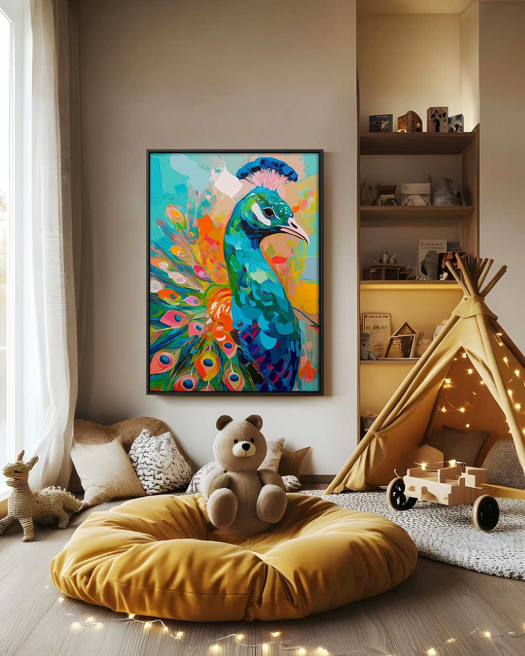 Kleurrijke Pauw Schilderij Kunstwerk-canvas-dibond-plexiglas-wanddecoratie-WallArtistic