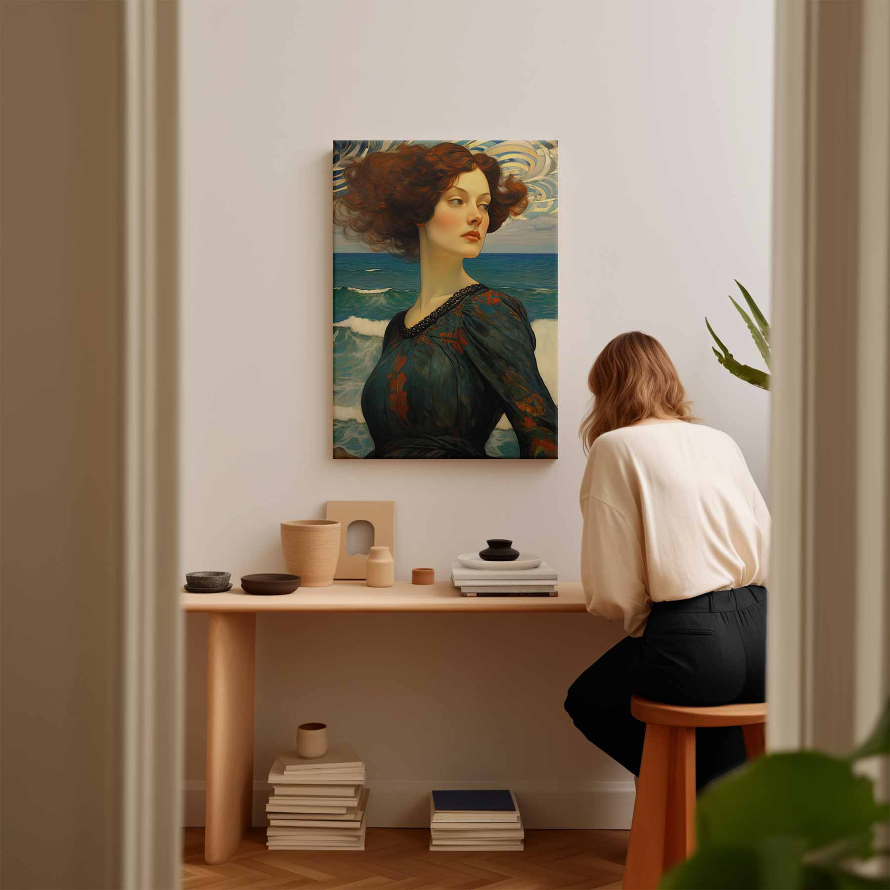 Dromerige dame aan zee Kunstwerk-canvas-dibond-plexiglas-wanddecoratie-WallArtistic