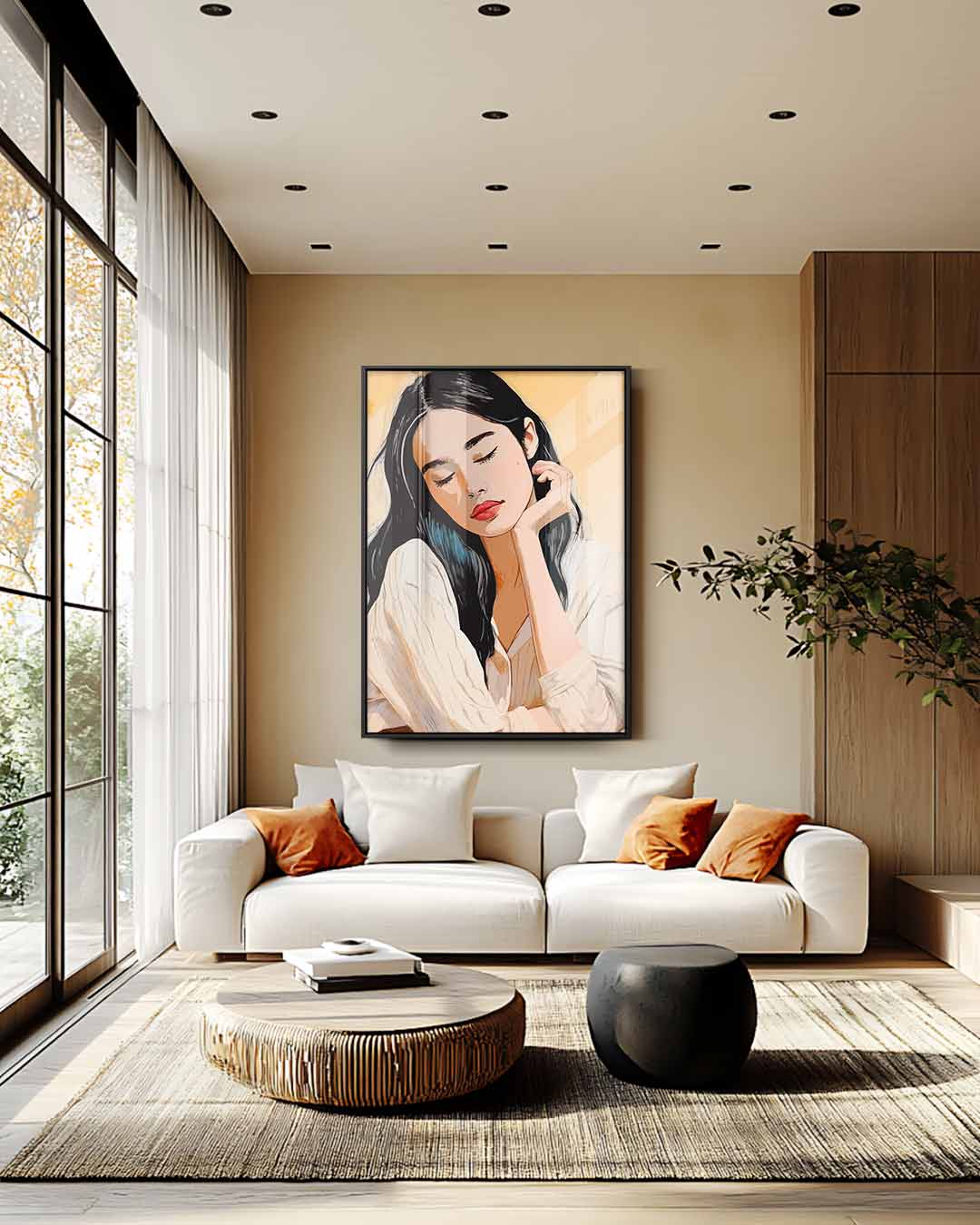 Dromerige Damesportret Kunstwerk-canvas-dibond-plexiglas-wanddecoratie-WallArtistic