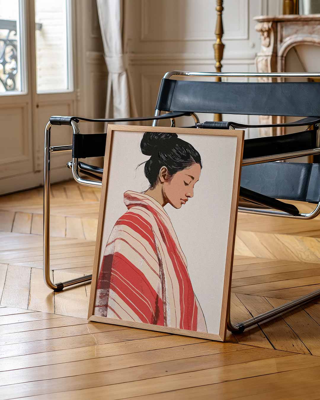 Rustgevend Portret in Stijlvolle Strepen Poster