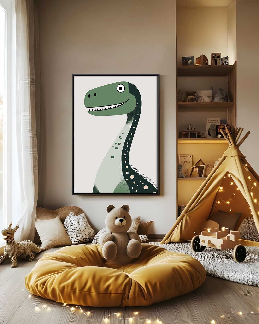 Vrolijke Dino Print Kunstwerk-canvas-dibond-plexiglas-wanddecoratie-WallArtistic