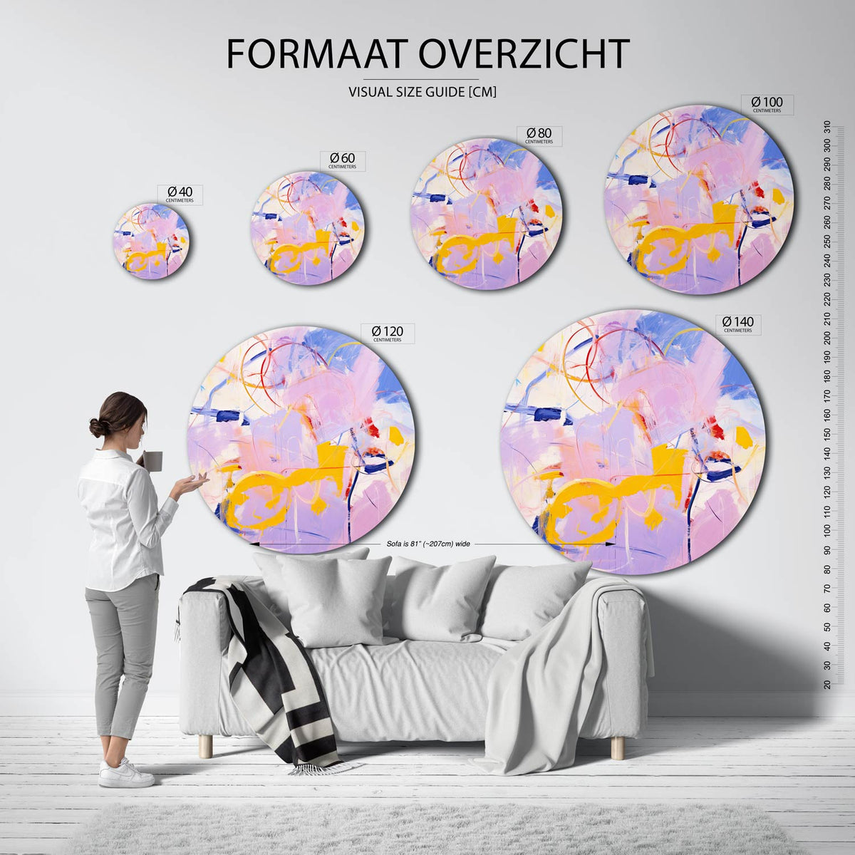 Abstracte vormen Muurcirkel – extra productweergave – De muurcirkel toont een dynamisch spel van abstracte vormen in roze
