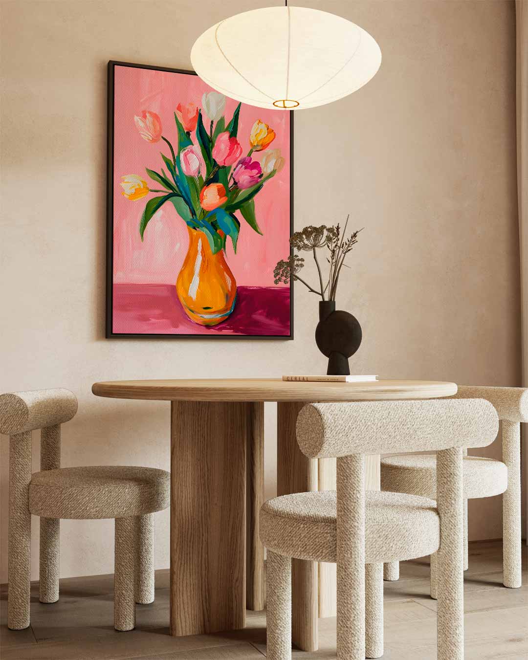 Vrolijk Tulpenboeket op Roze Achtergrond Kunstwerk-canvas-dibond-plexiglas-wanddecoratie-WallArtistic