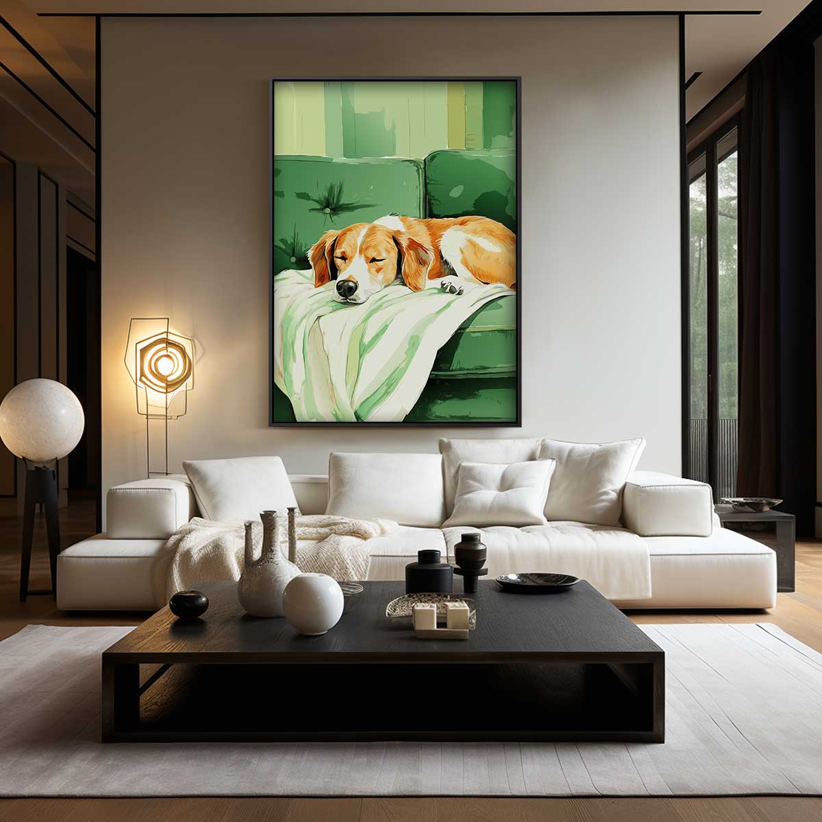 Snoezige Hond op Groen Bankje Kunstwerk-canvas-dibond-plexiglas-wanddecoratie-WallArtistic
