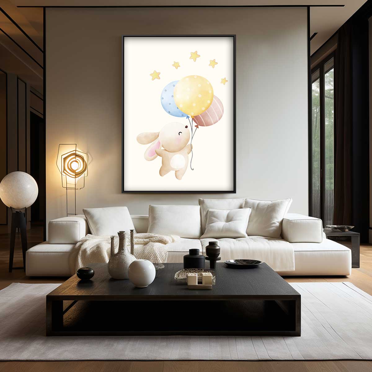 Vrolijke Konijn met Ballonnen Kunstwerk-canvas-dibond-plexiglas-wanddecoratie-WallArtistic
