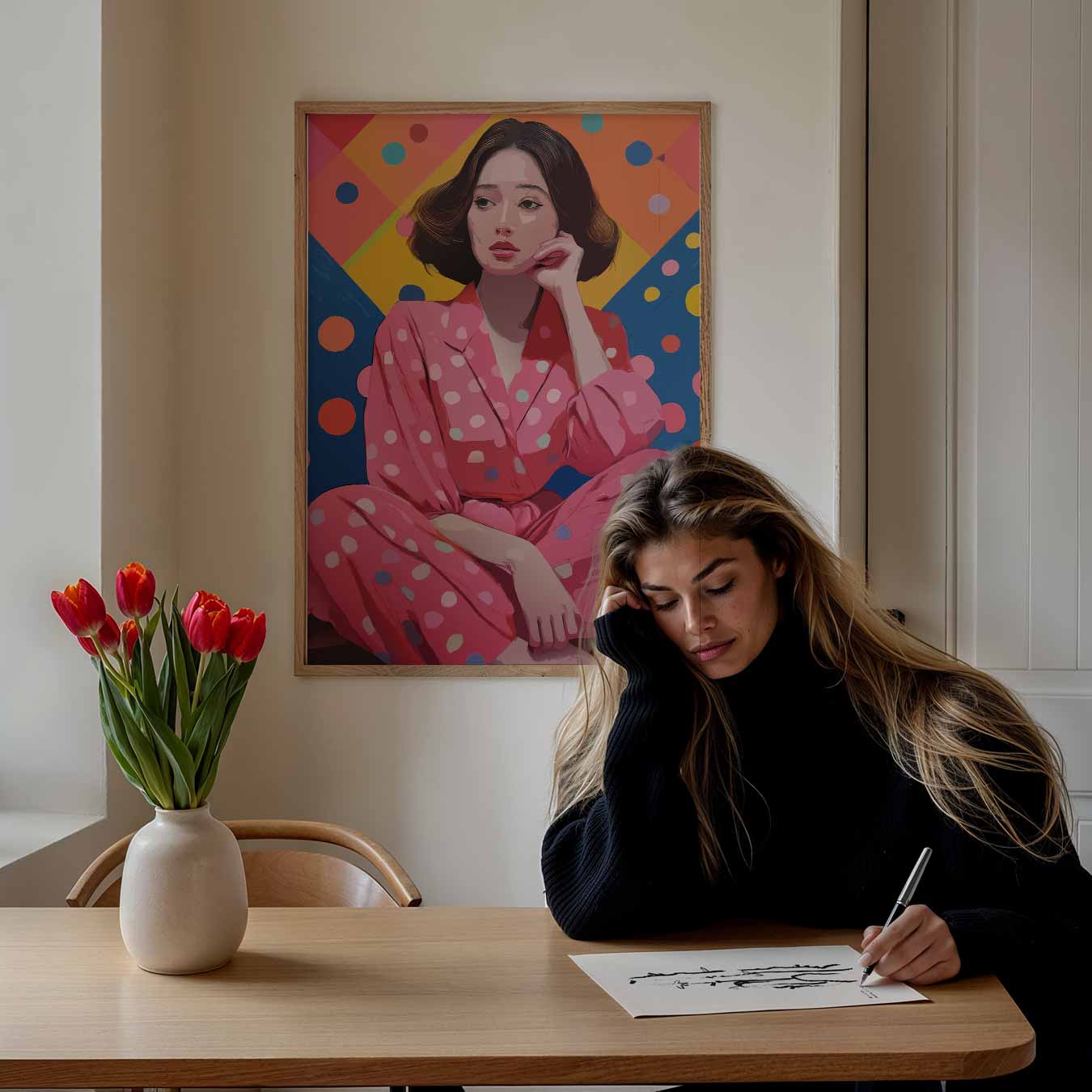 Vrolijke Vrouw in Stippen Poster