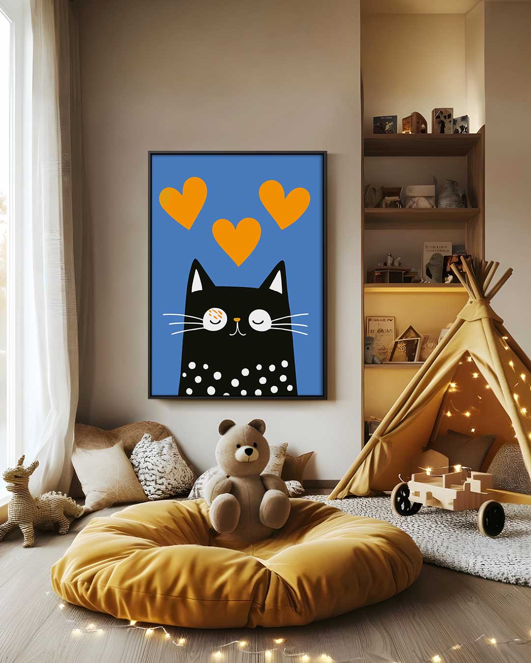 Vrolijke Kat met Liefdesharten Kunstwerk-canvas-dibond-plexiglas-wanddecoratie-WallArtistic