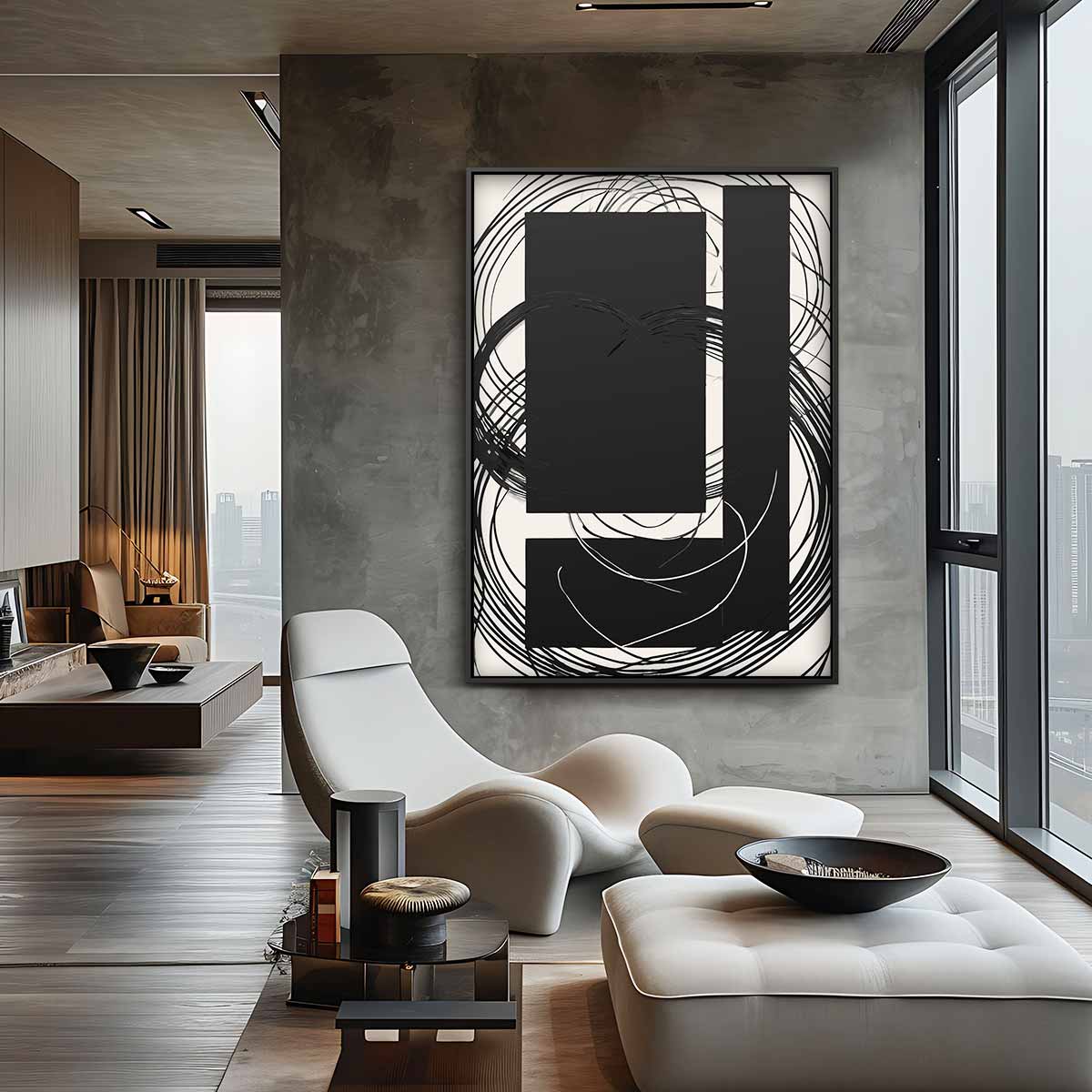Abstracte Kringen in Zwart-Wit Kunstwerk-canvas-dibond-plexiglas-wanddecoratie-WallArtistic
