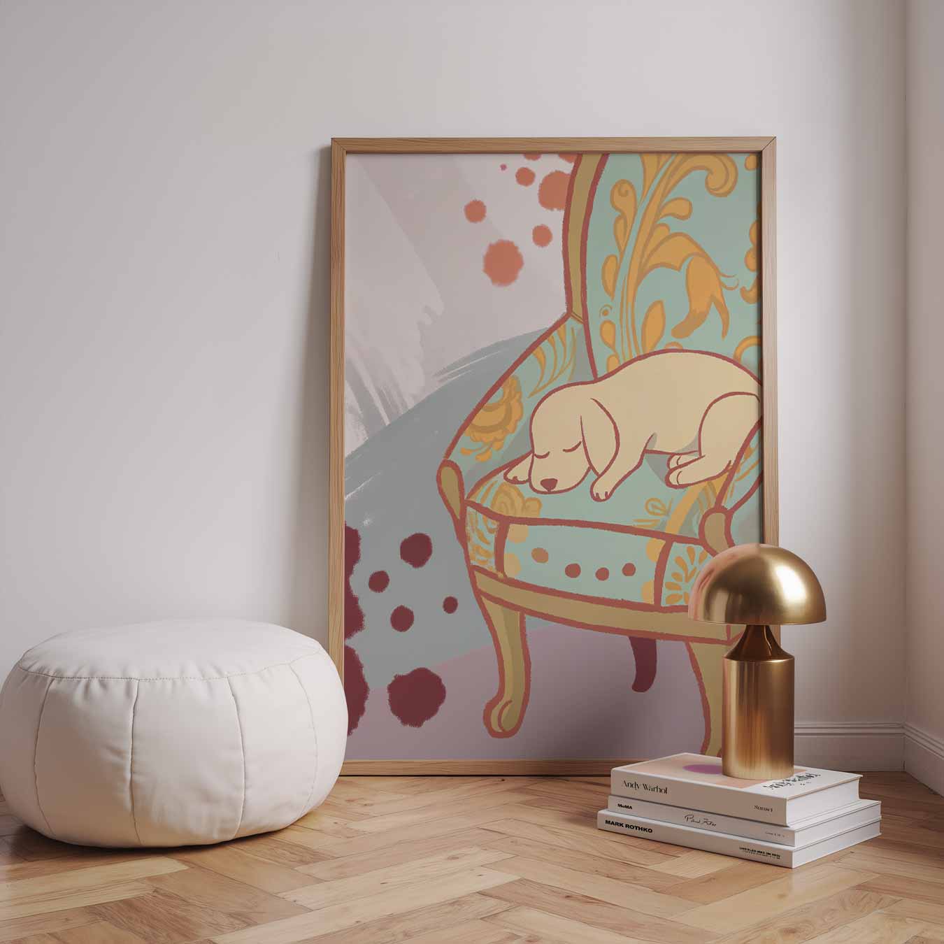 Dromerig Slapende Pup op Vintage Stoel Poster-WallArtistic